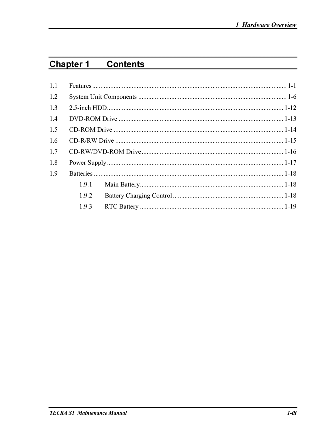 Toshiba TECRA S1 manual Chapter Contents 