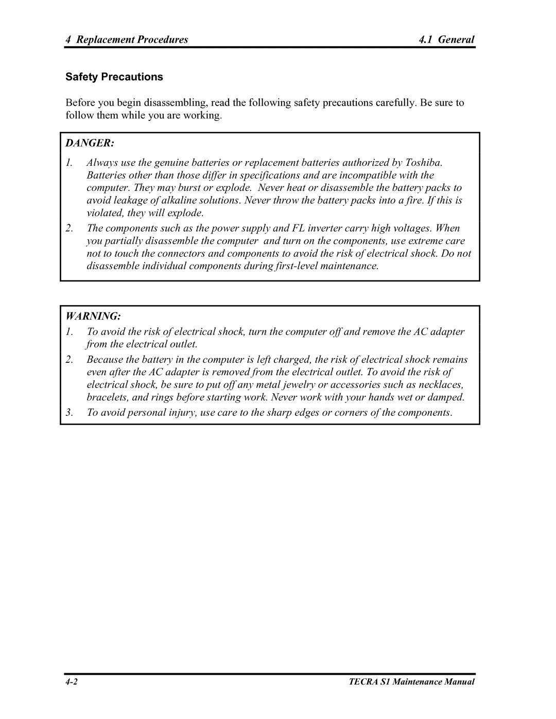 Toshiba TECRA S1 manual Replacement Procedures General, Safety Precautions 