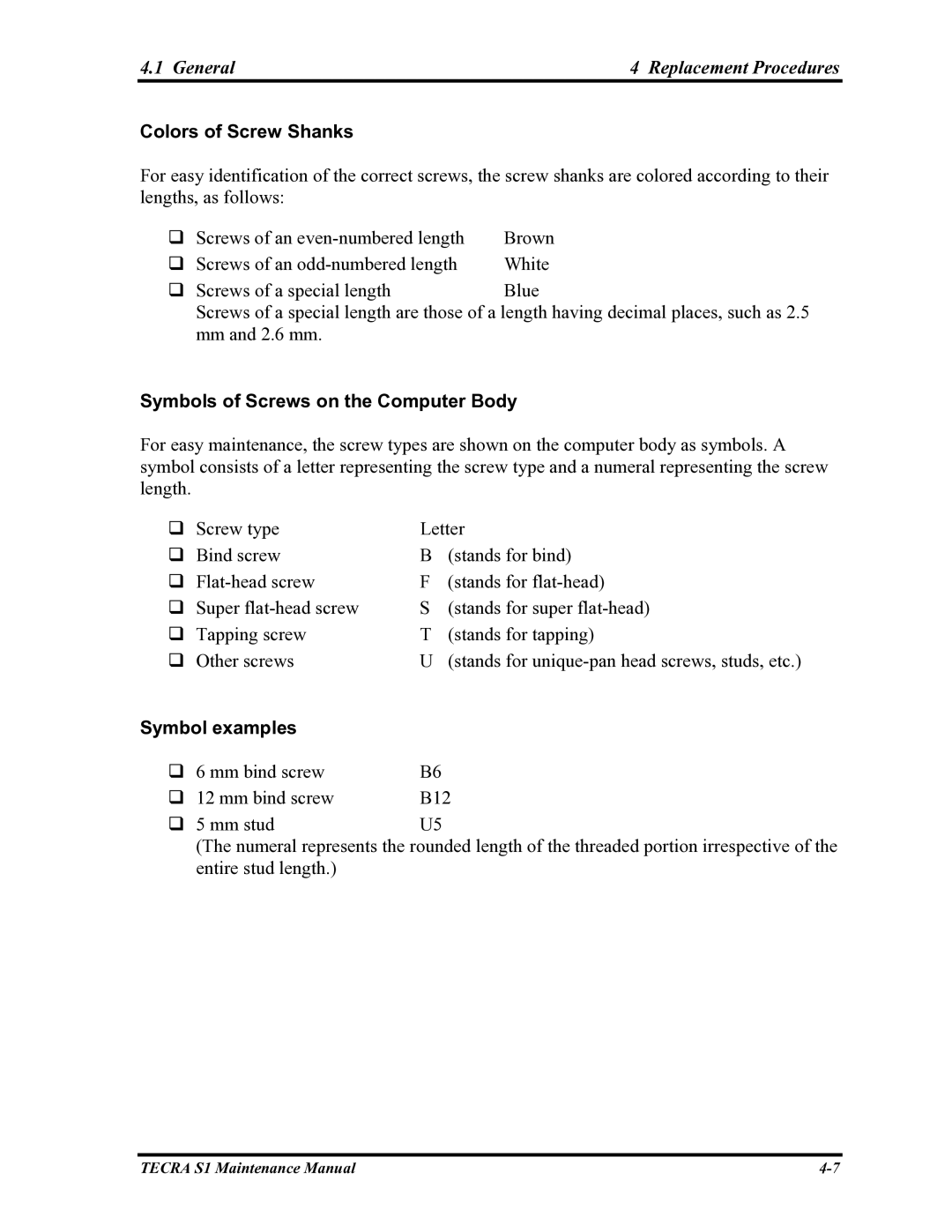 Toshiba TECRA S1 manual Colors of Screw Shanks, Symbols of Screws on the Computer Body, Symbol examples 