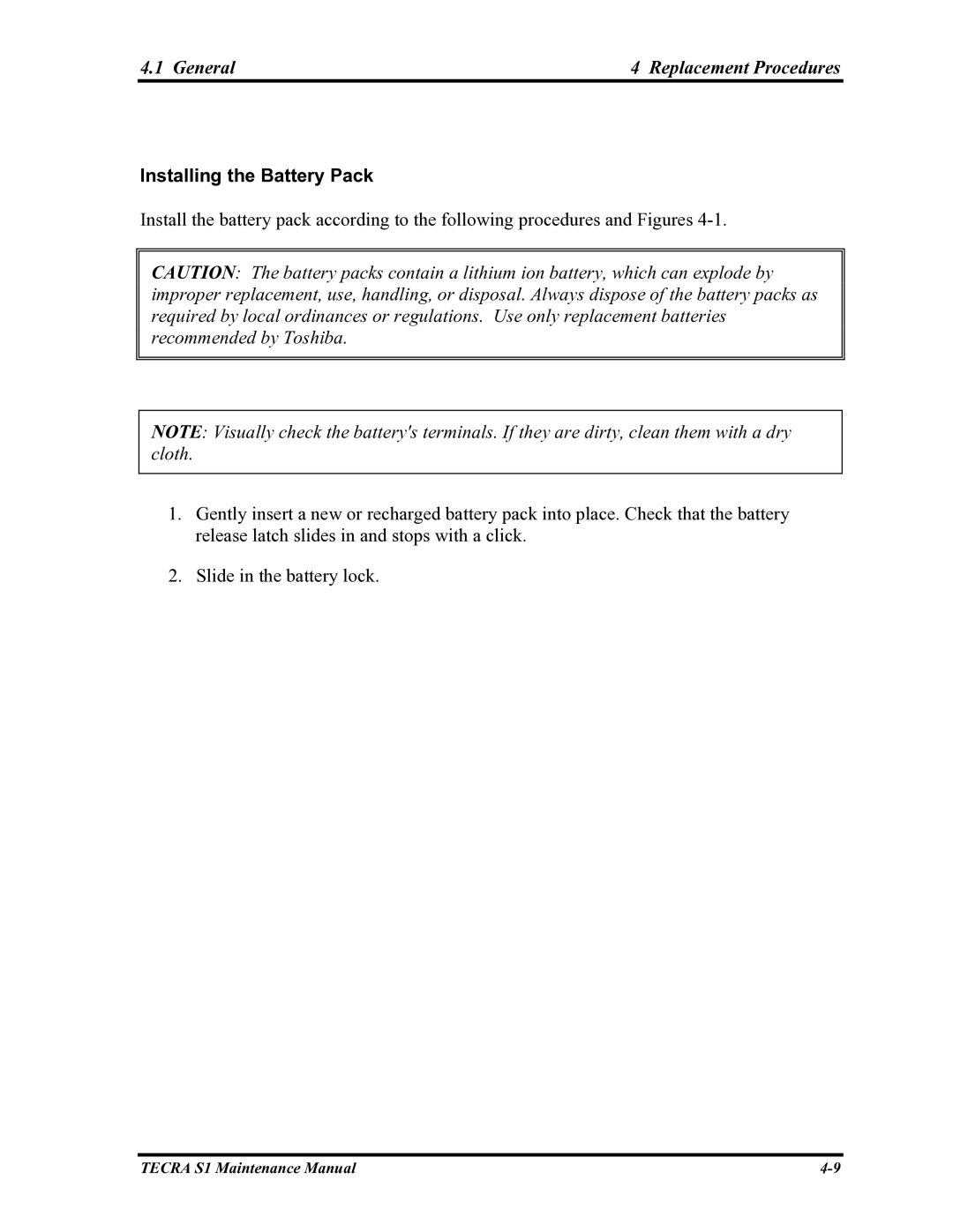 Toshiba TECRA S1 manual Installing the Battery Pack 