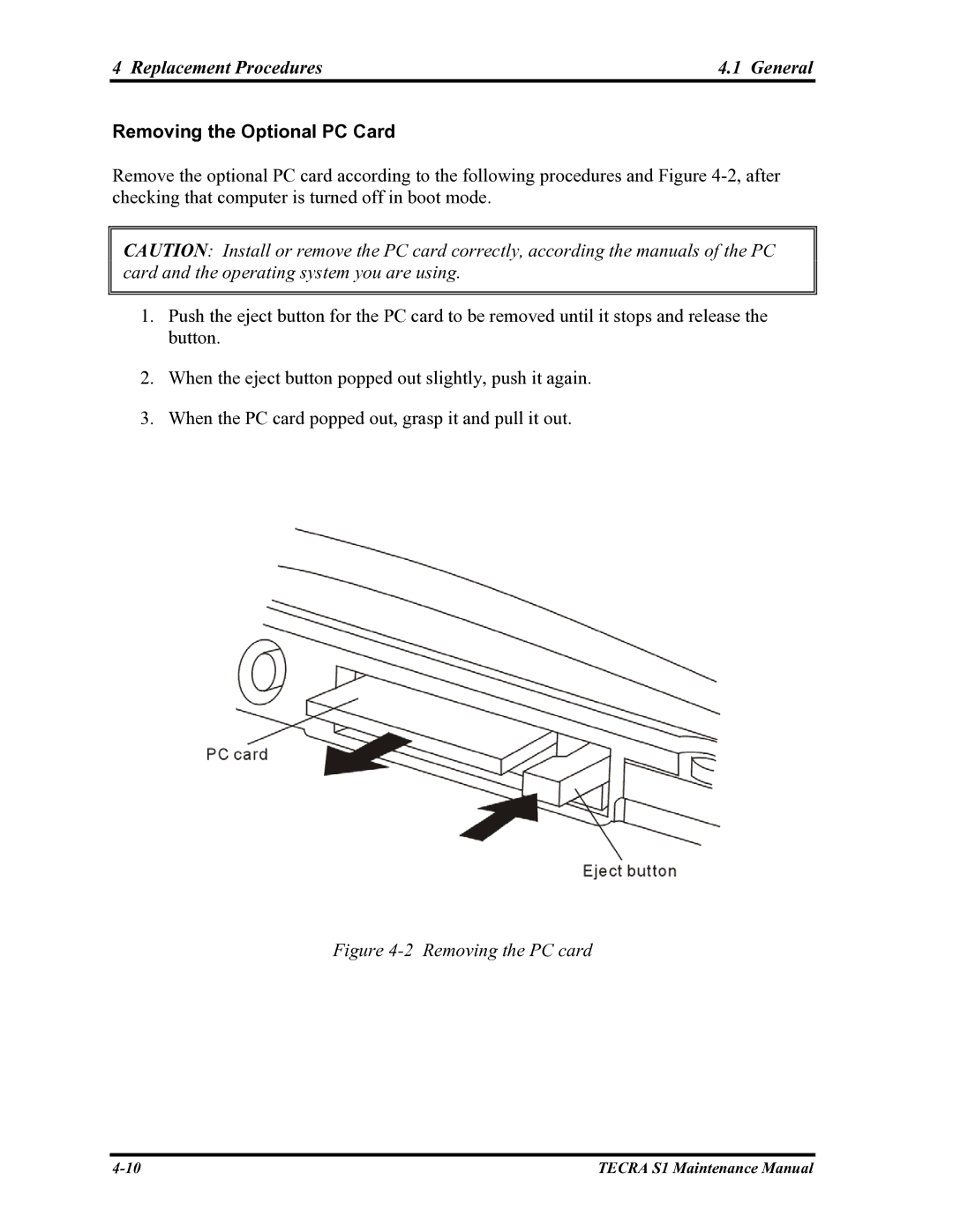 Toshiba TECRA S1 manual Removing the Optional PC Card, Removing the PC card 