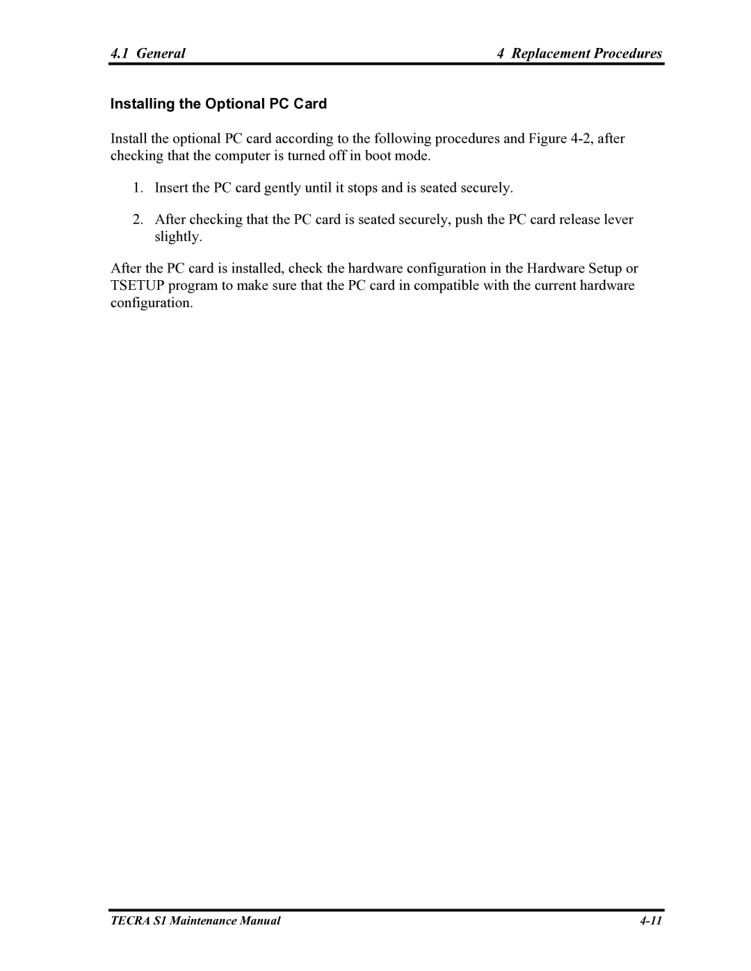 Toshiba TECRA S1 manual Installing the Optional PC Card 