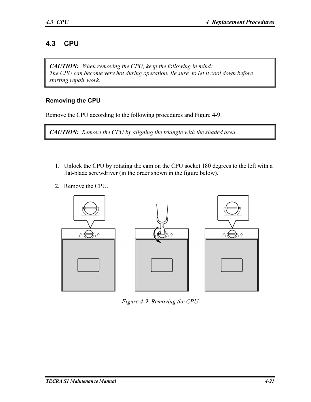 Toshiba TECRA S1 manual Cpu, CPU Replacement Procedures, Removing the CPU 