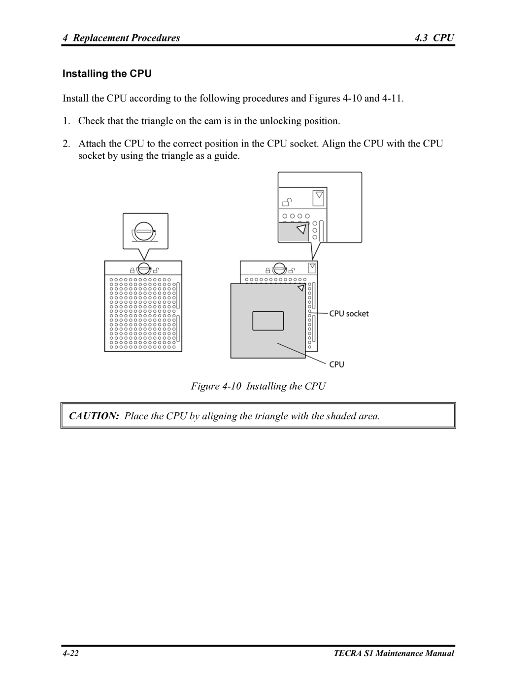 Toshiba TECRA S1 manual Replacement Procedures CPU, Installing the CPU 