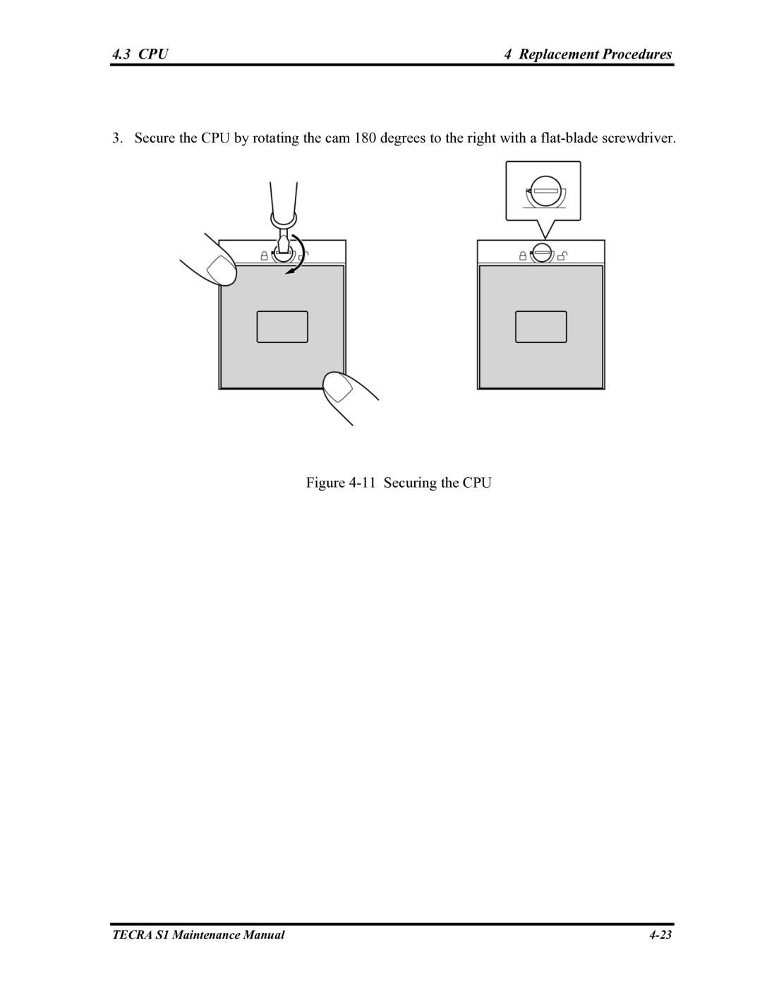 Toshiba TECRA S1 manual Securing the CPU 