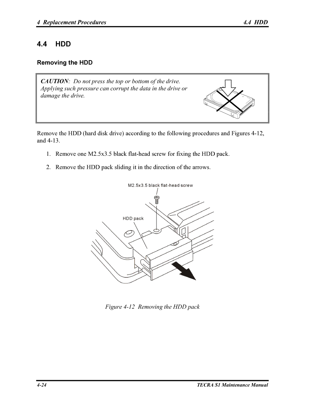 Toshiba TECRA S1 manual Hdd, Replacement Procedures HDD, Removing the HDD 