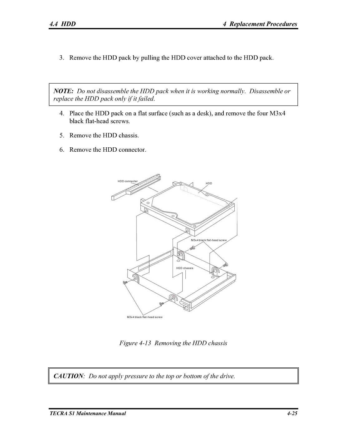 Toshiba TECRA S1 manual HDD Replacement Procedures, Removing the HDD chassis 