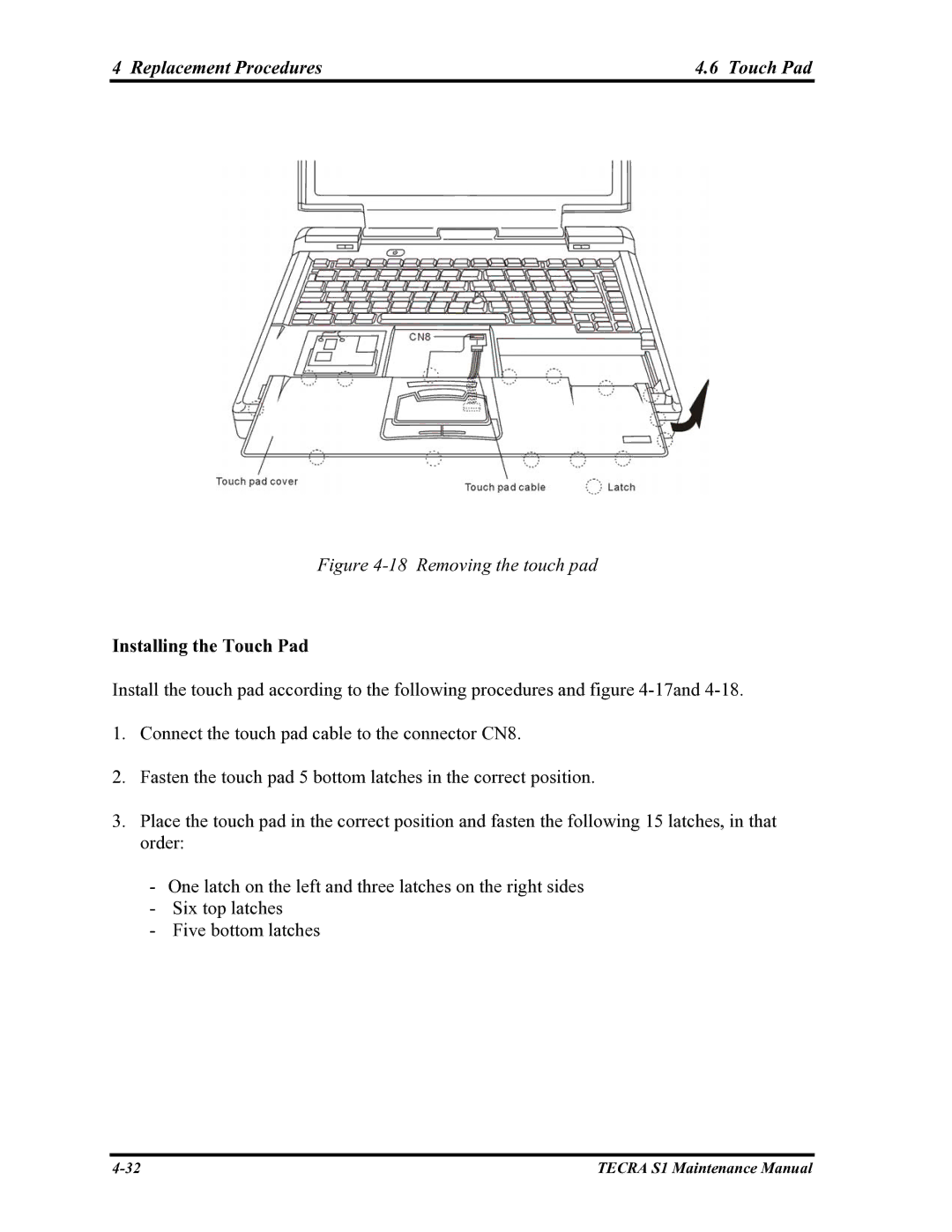 Toshiba TECRA S1 manual Replacement Procedures Touch Pad, Installing the Touch Pad 