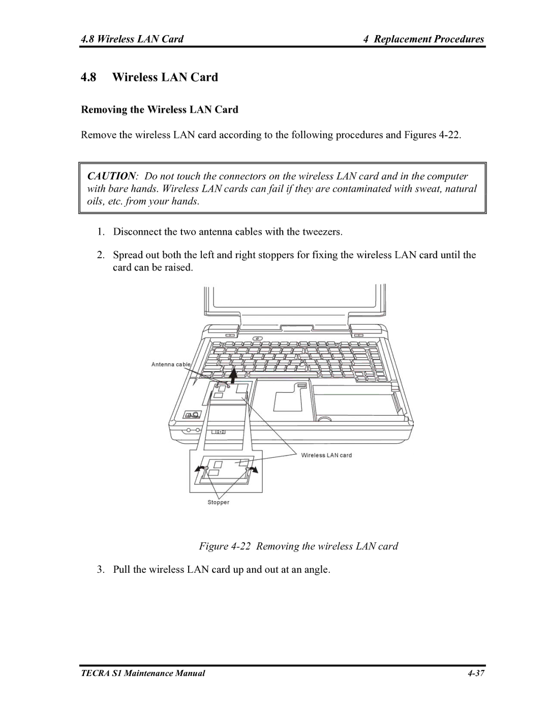 Toshiba TECRA S1 manual Wireless LAN Card Replacement Procedures, Removing the Wireless LAN Card 