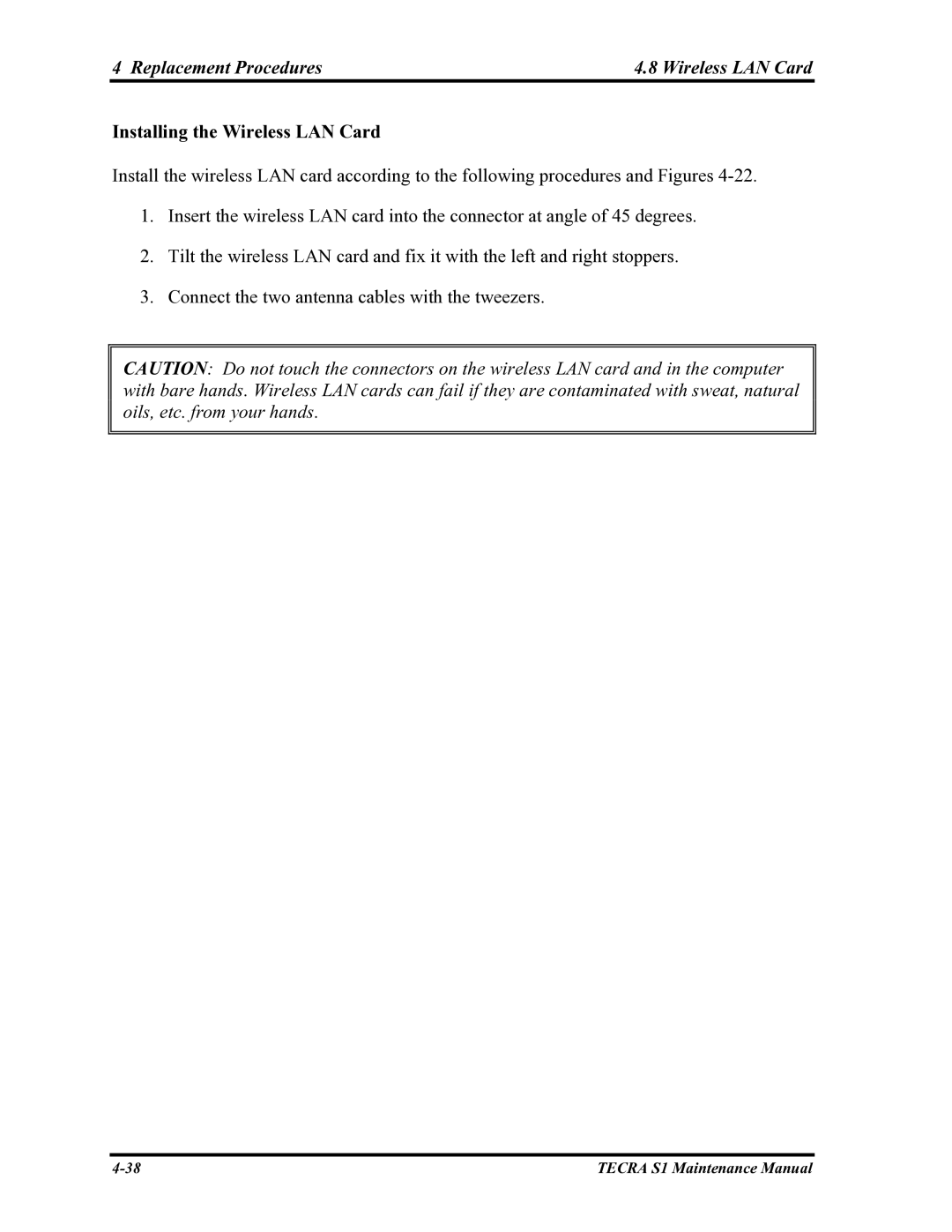 Toshiba TECRA S1 manual Replacement Procedures Wireless LAN Card, Installing the Wireless LAN Card 