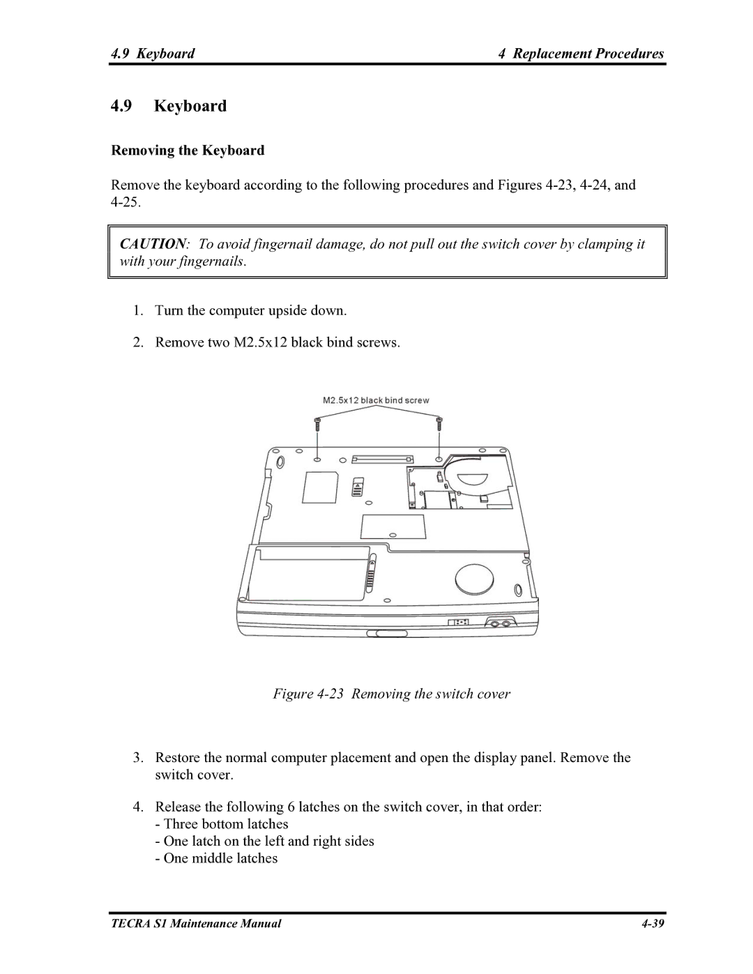 Toshiba TECRA S1 manual Keyboard Replacement Procedures, Removing the Keyboard 