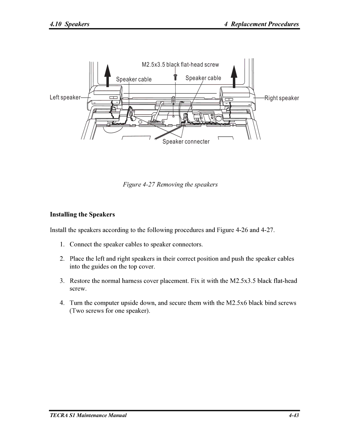 Toshiba TECRA S1 manual Speakers Replacement Procedures, Installing the Speakers 