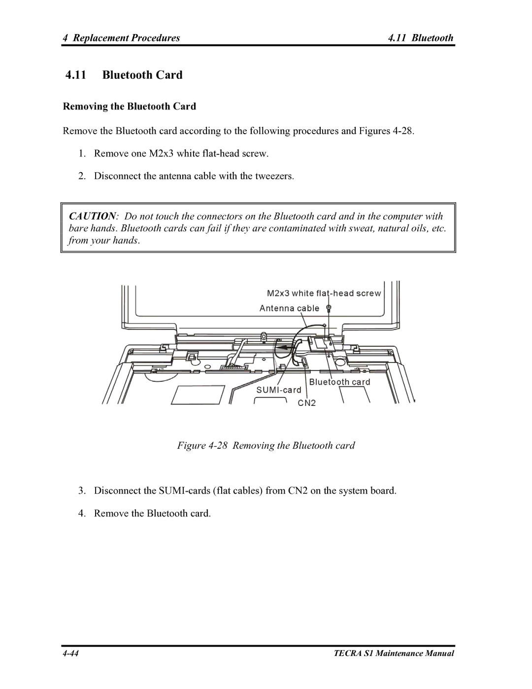 Toshiba TECRA S1 manual Replacement Procedures Bluetooth, Removing the Bluetooth Card 