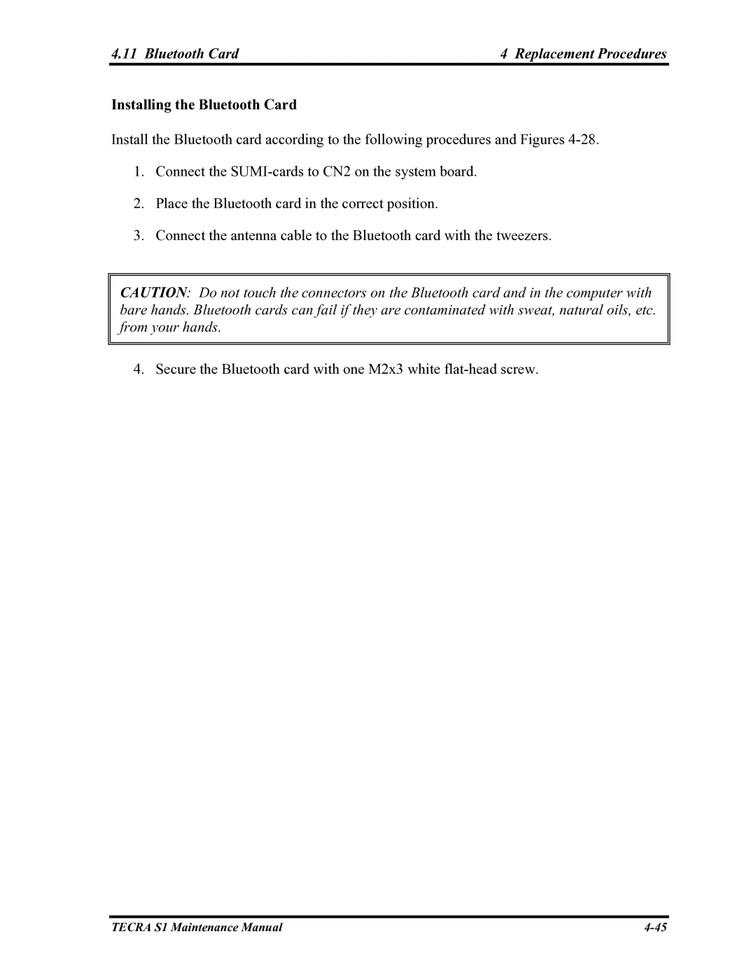 Toshiba TECRA S1 manual Bluetooth Card Replacement Procedures, Installing the Bluetooth Card 