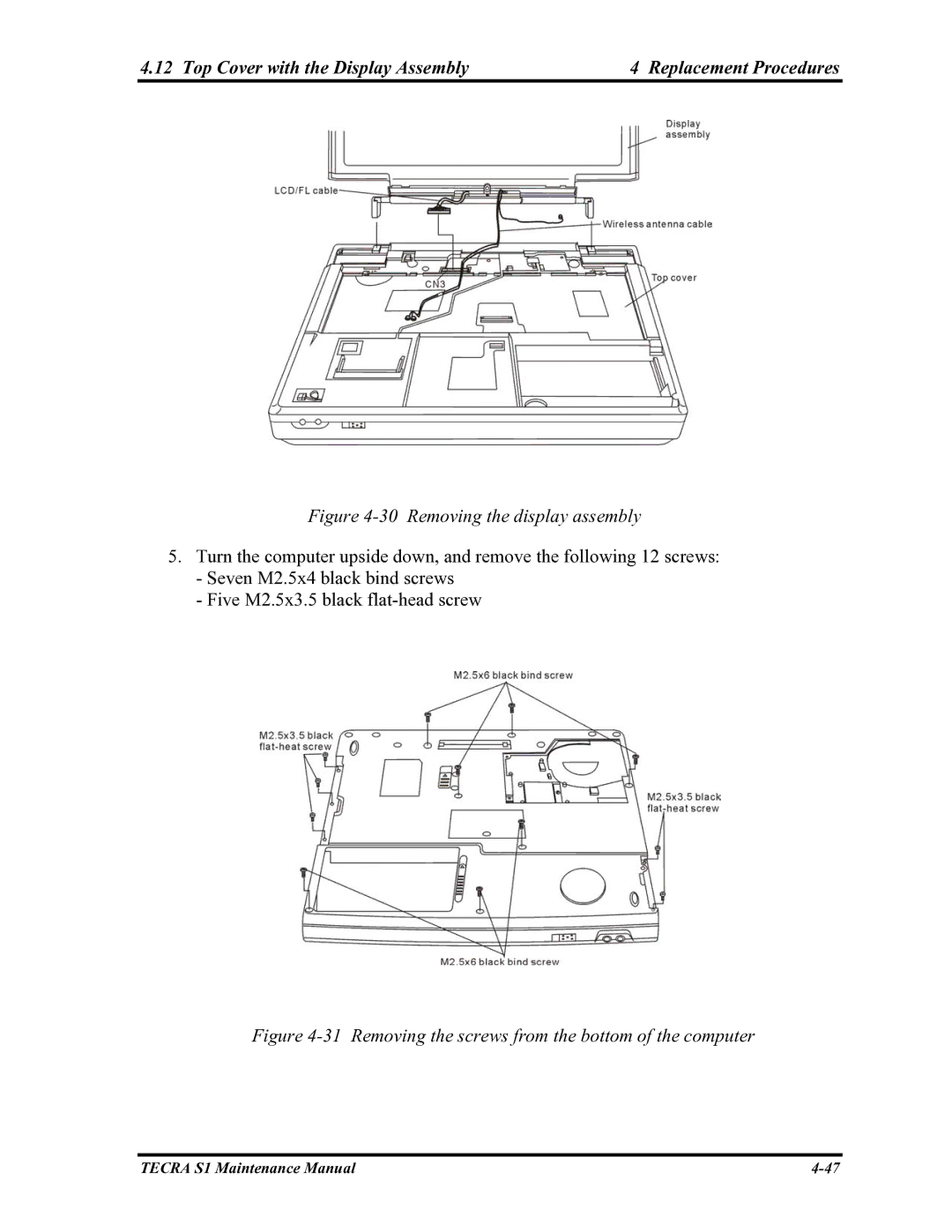 Toshiba TECRA S1 manual Top Cover with the Display Assembly Replacement Procedures, Removing the display assembly 