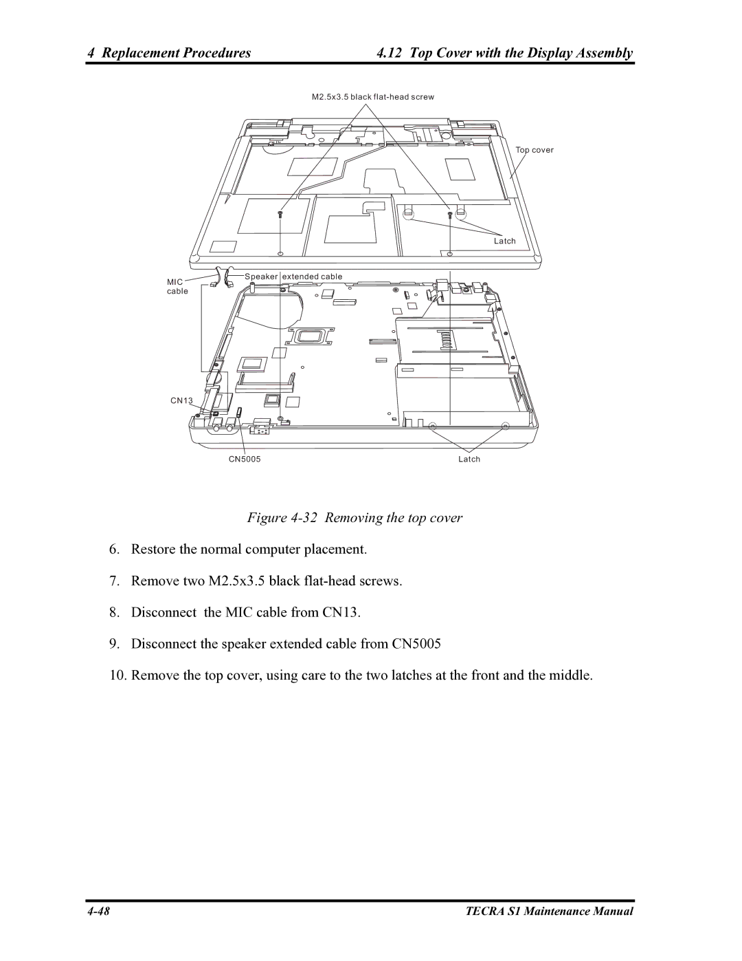 Toshiba TECRA S1 manual Replacement Procedures Top Cover with the Display Assembly 