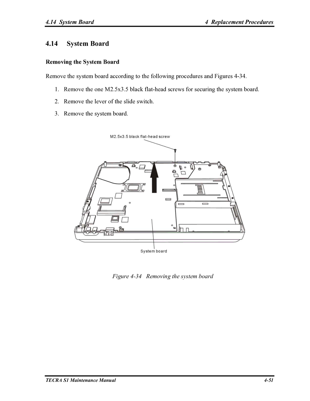 Toshiba TECRA S1 manual System Board Replacement Procedures, Removing the System Board 