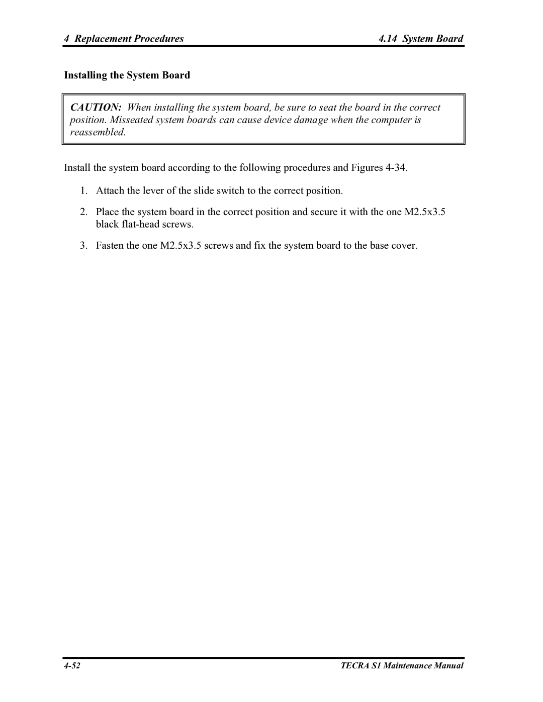 Toshiba TECRA S1 manual Replacement Procedures System Board, Installing the System Board 
