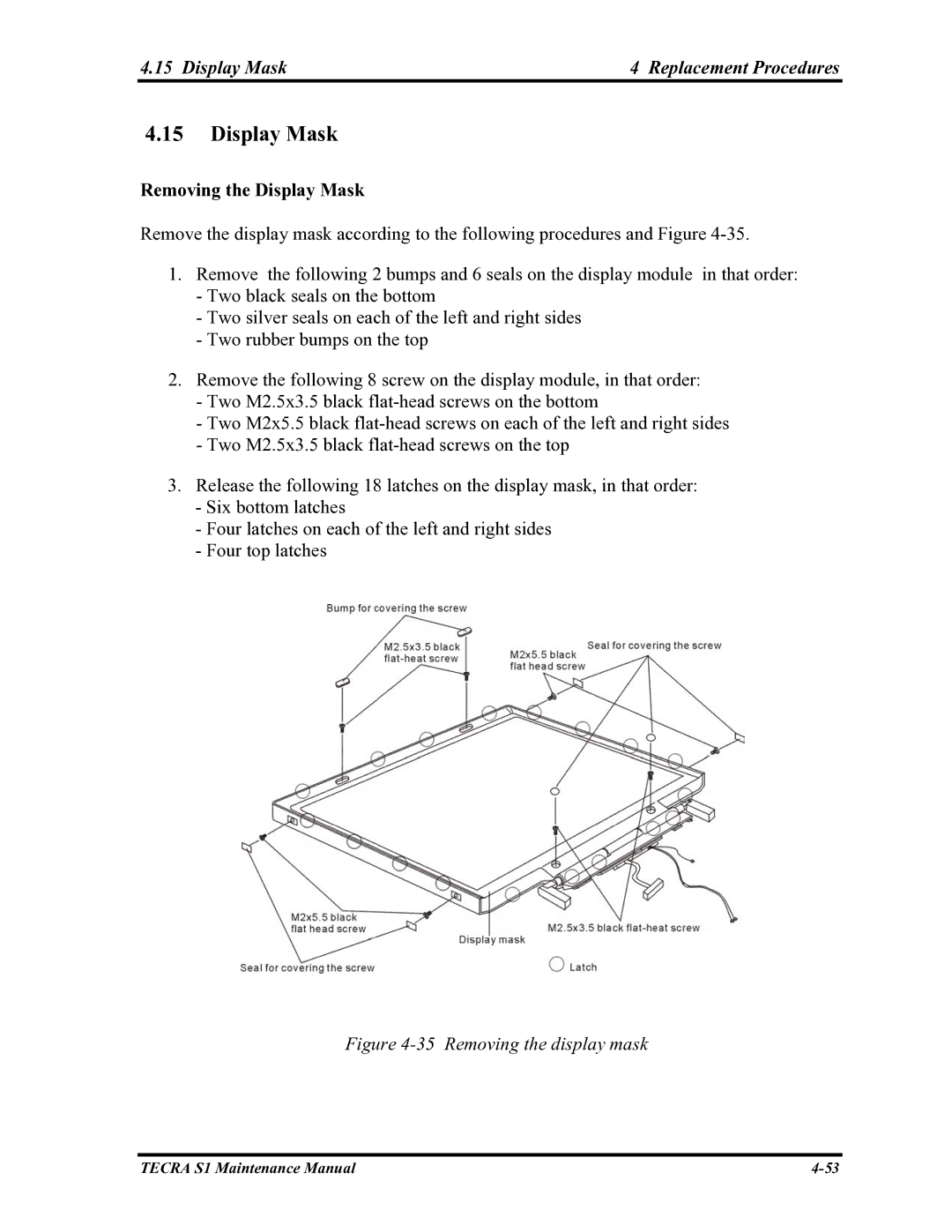 Toshiba TECRA S1 manual Display Mask Replacement Procedures, Removing the Display Mask 