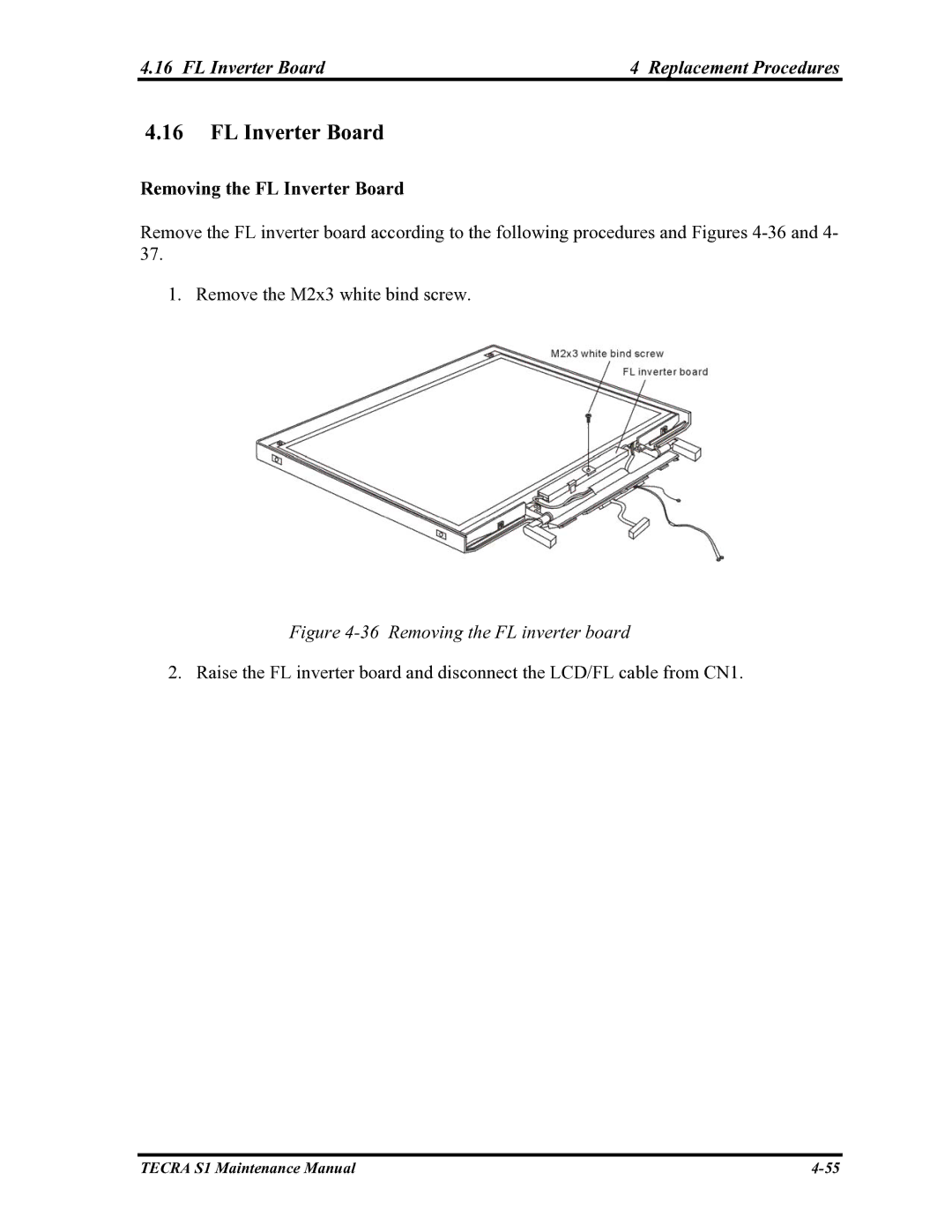 Toshiba TECRA S1 manual FL Inverter Board Replacement Procedures, Removing the FL Inverter Board 