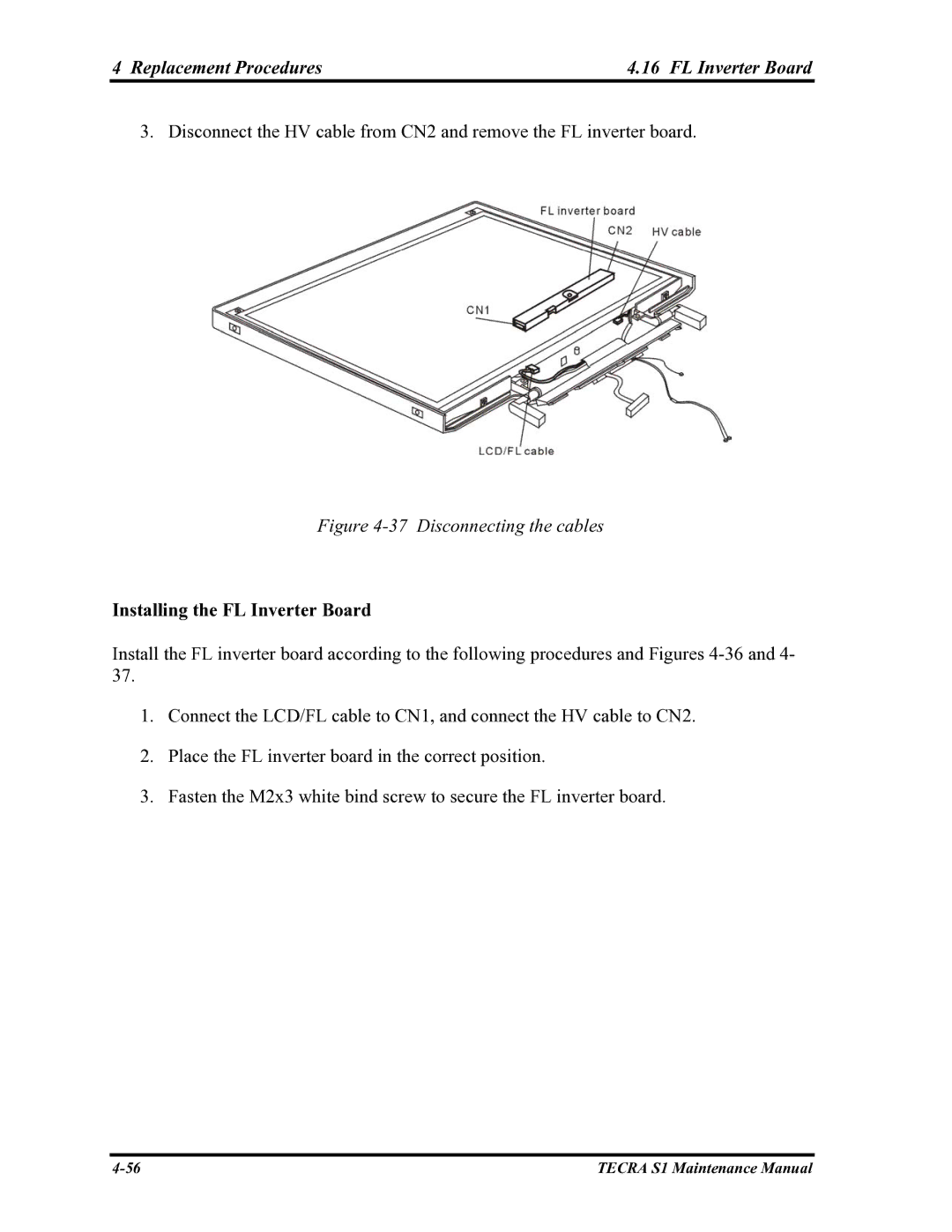 Toshiba TECRA S1 manual Replacement Procedures FL Inverter Board, Installing the FL Inverter Board 