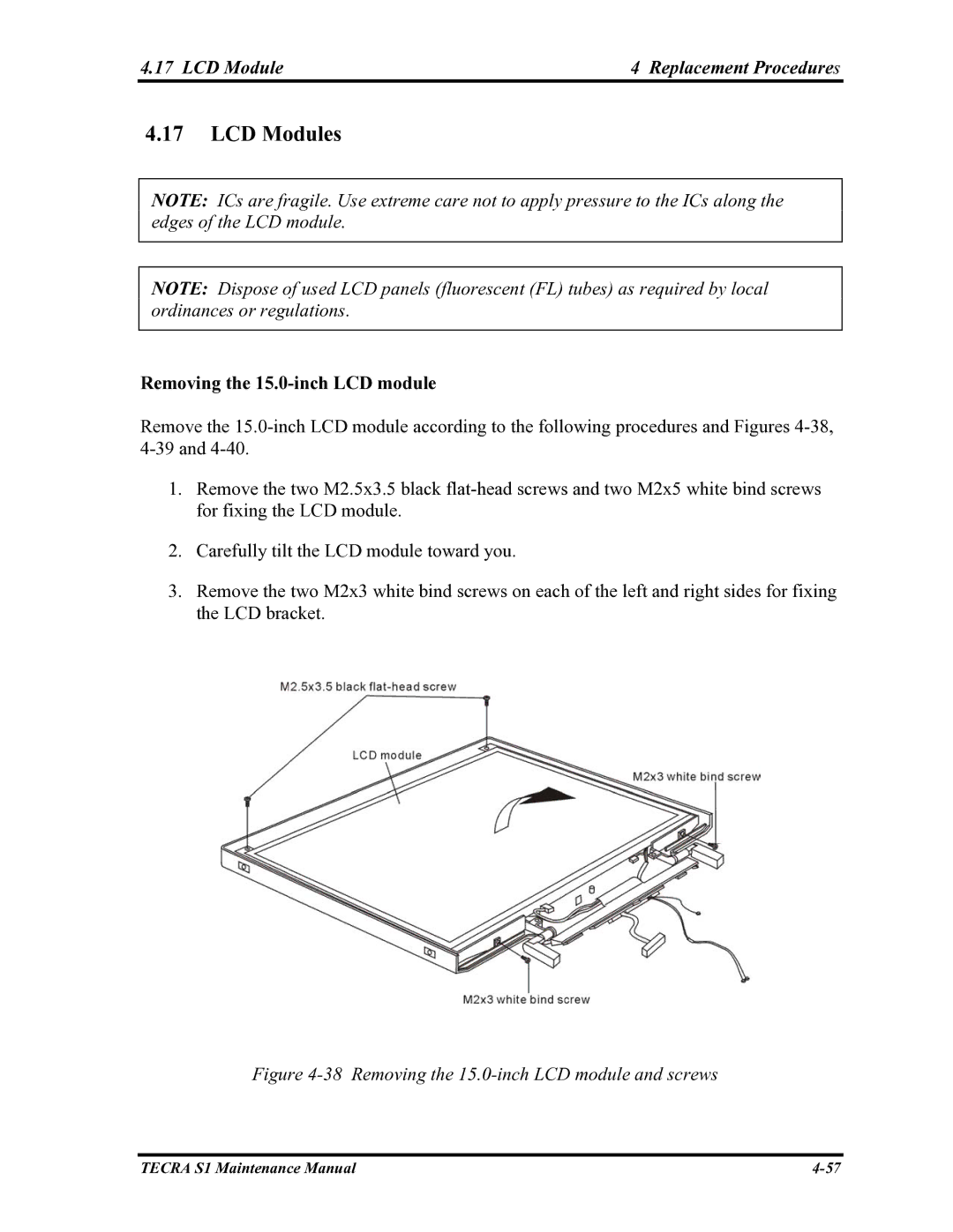 Toshiba TECRA S1 manual LCD Module Replacement Procedures, Removing the 15.0-inch LCD module 