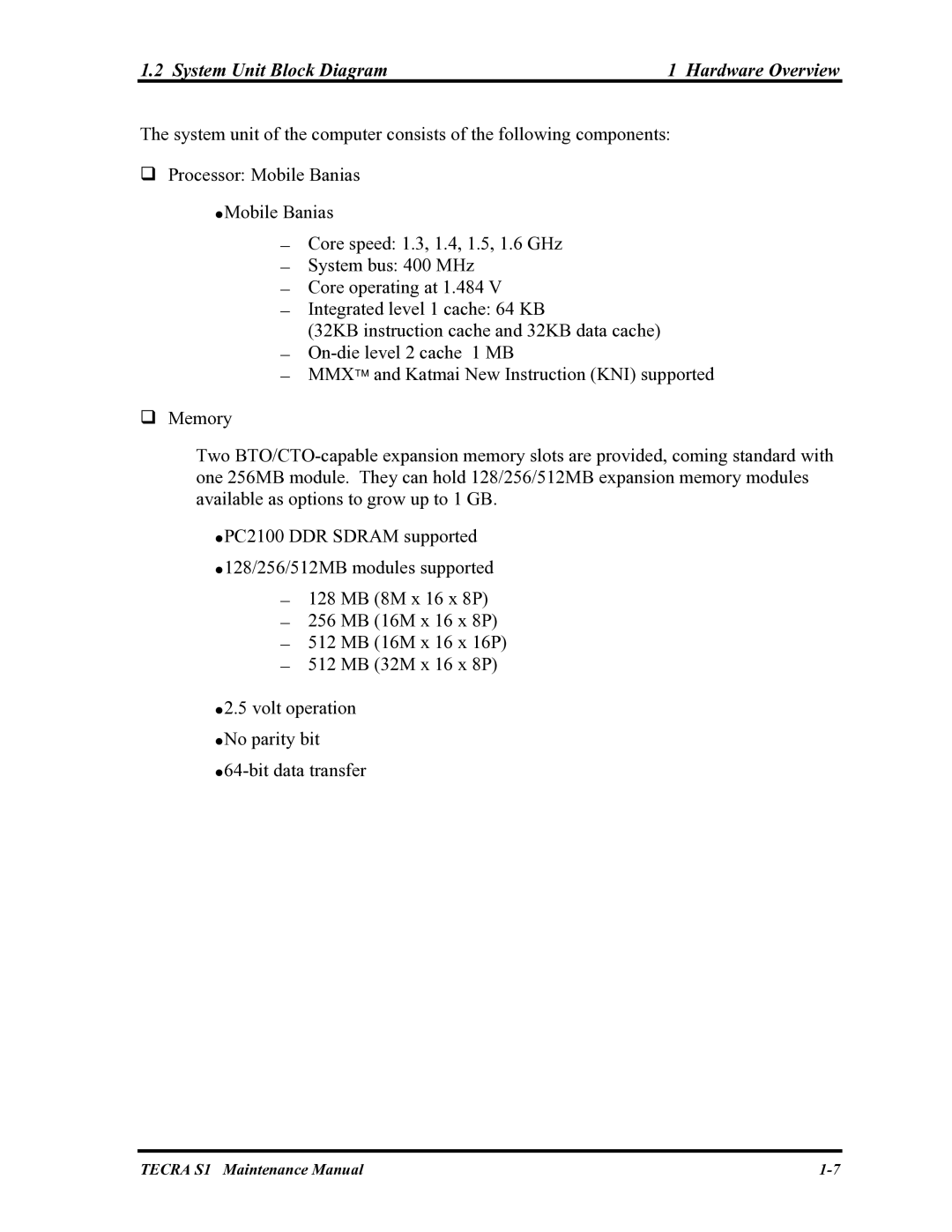 Toshiba TECRA S1 manual System Unit Block Diagram Hardware Overview 