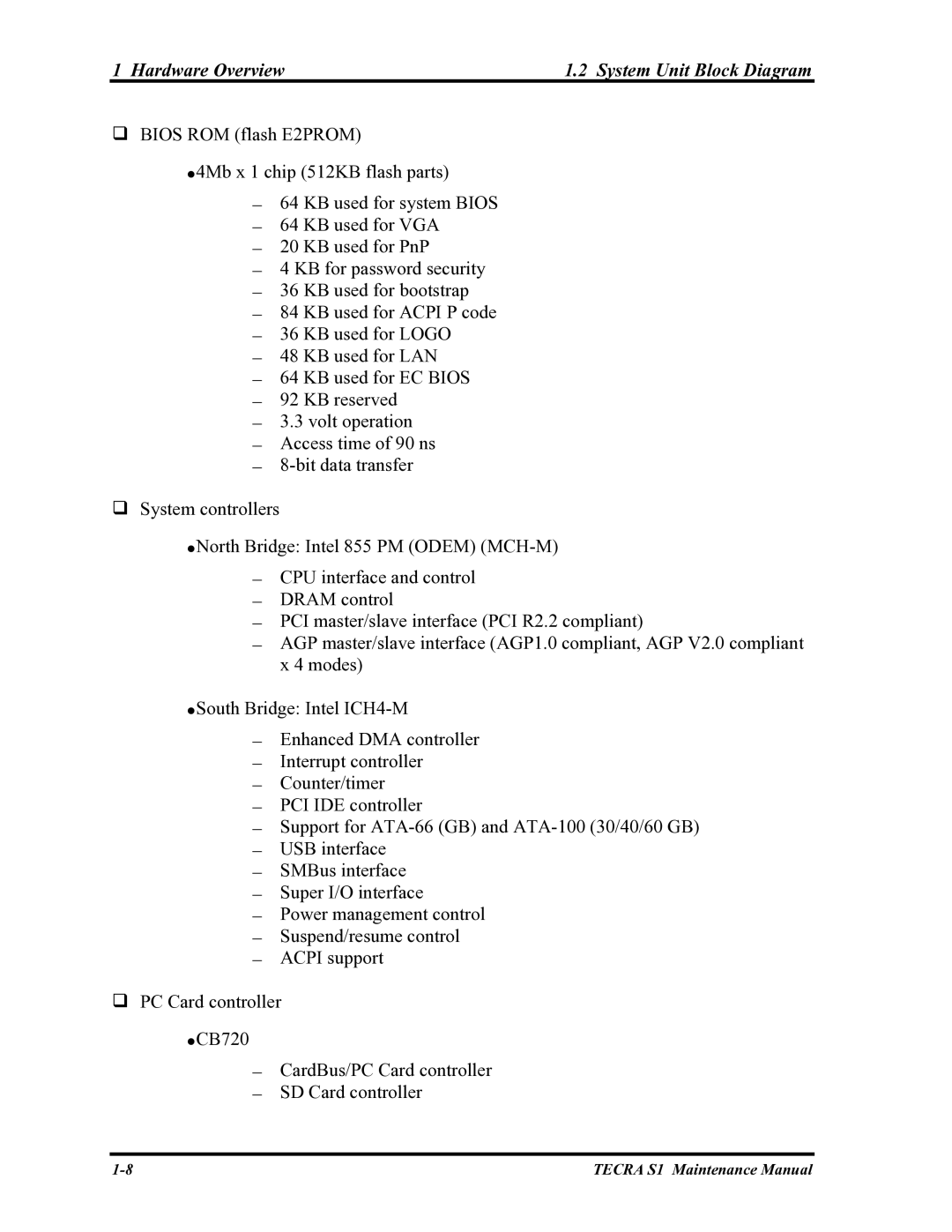 Toshiba TECRA S1 manual Hardware Overview System Unit Block Diagram 