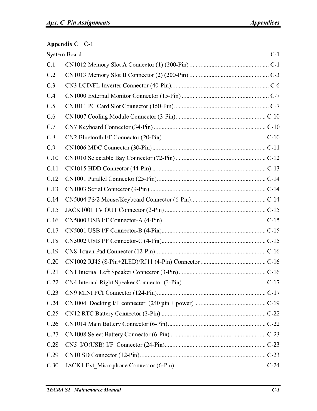 Toshiba TECRA S1 manual Appendix C C-1, CN1004 Docking I/F connecter 240 pin + power 