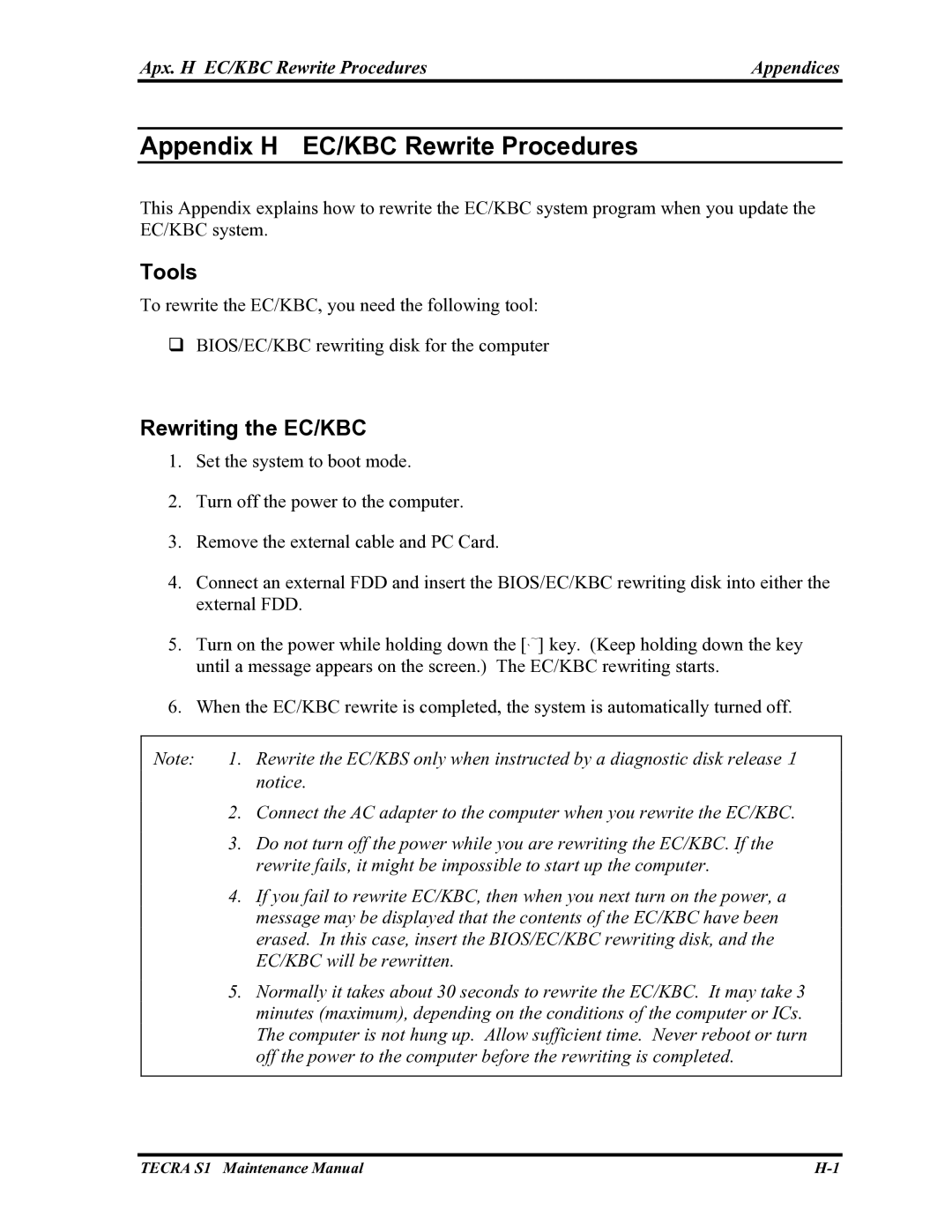 Toshiba TECRA S1 manual Tools, Rewriting the EC/KBC, Apx. H EC/KBC Rewrite Procedures Appendices, EC/KBC will be rewritten 