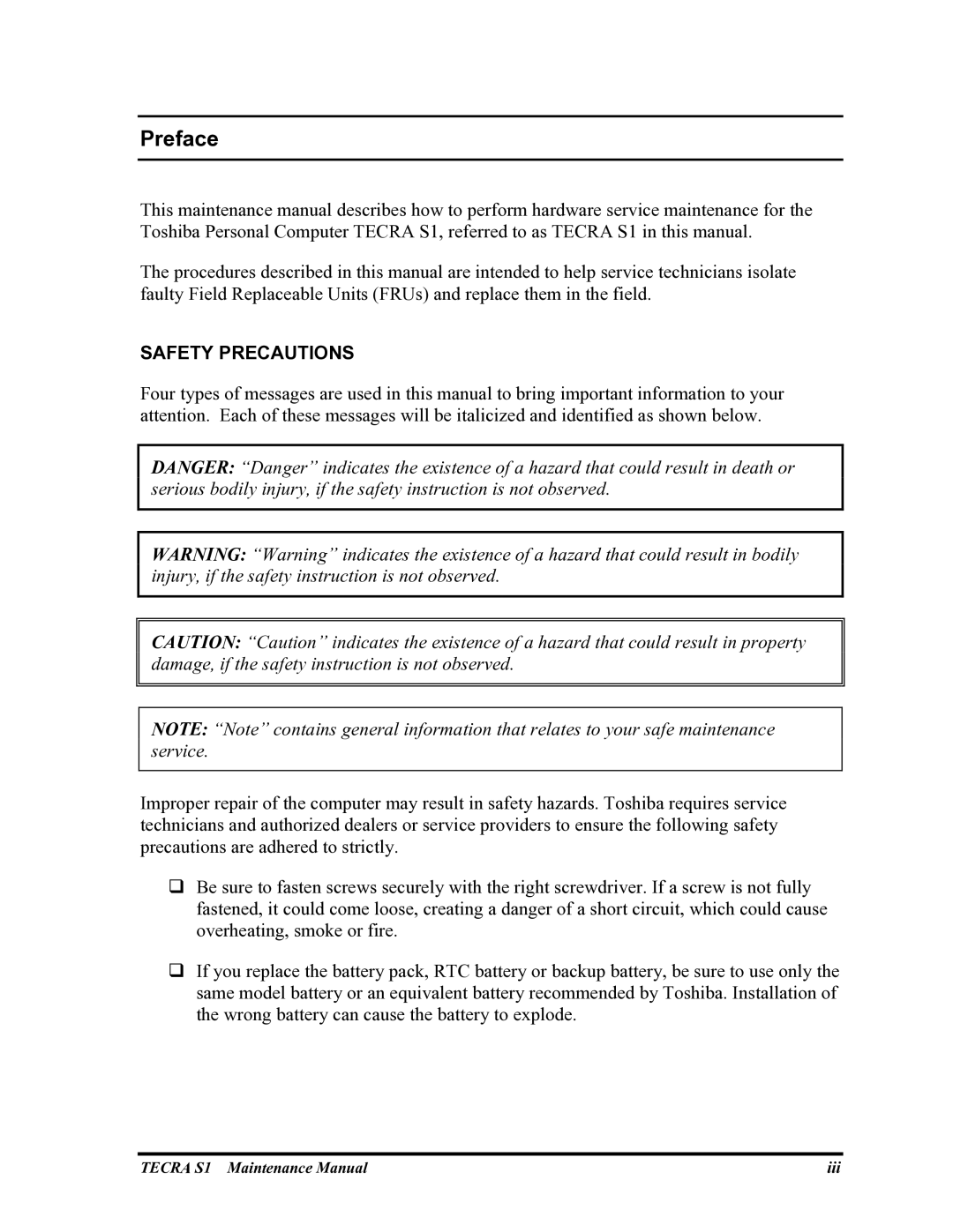 Toshiba TECRA S1 manual Preface, Safety Precautions 