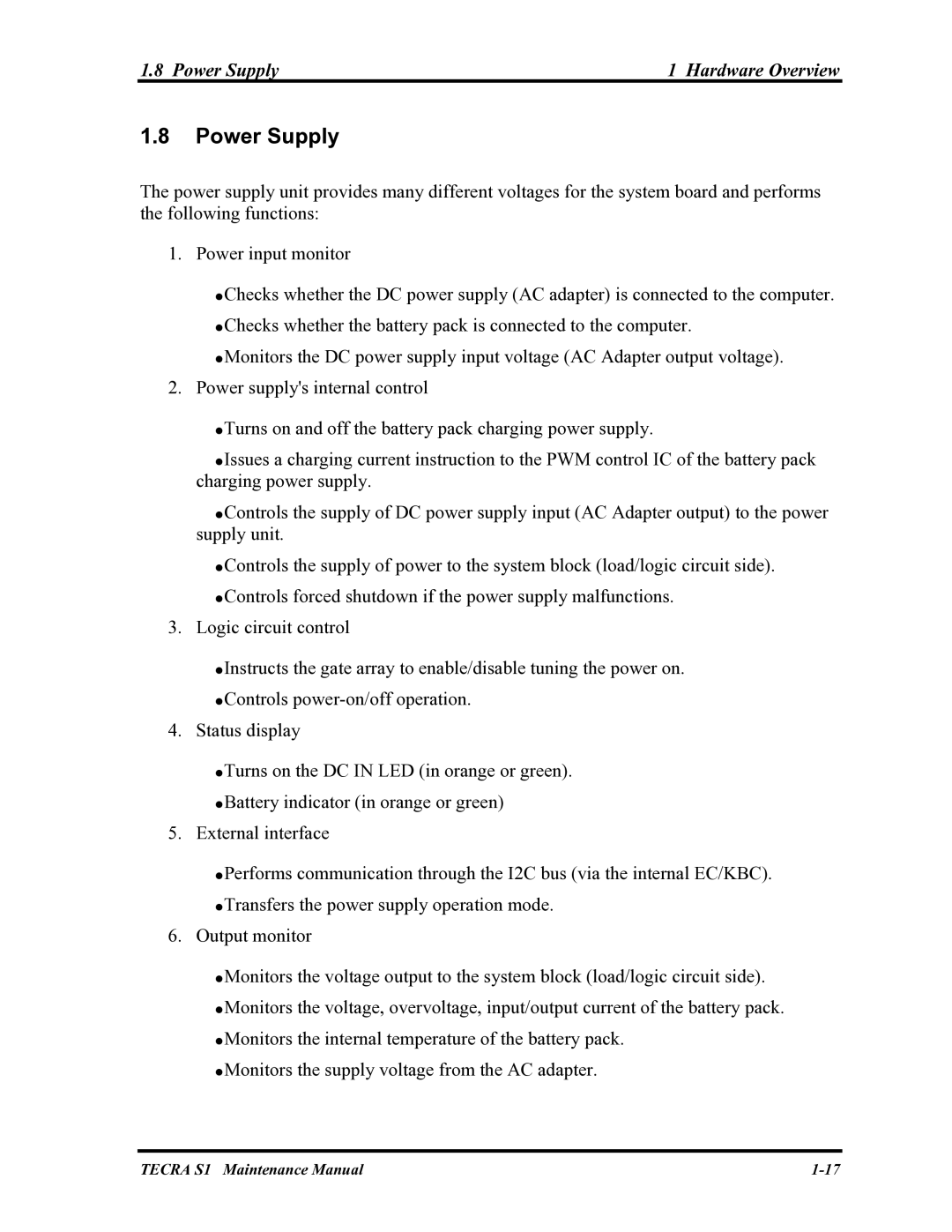 Toshiba TECRA S1 manual Power Supply Hardware Overview 