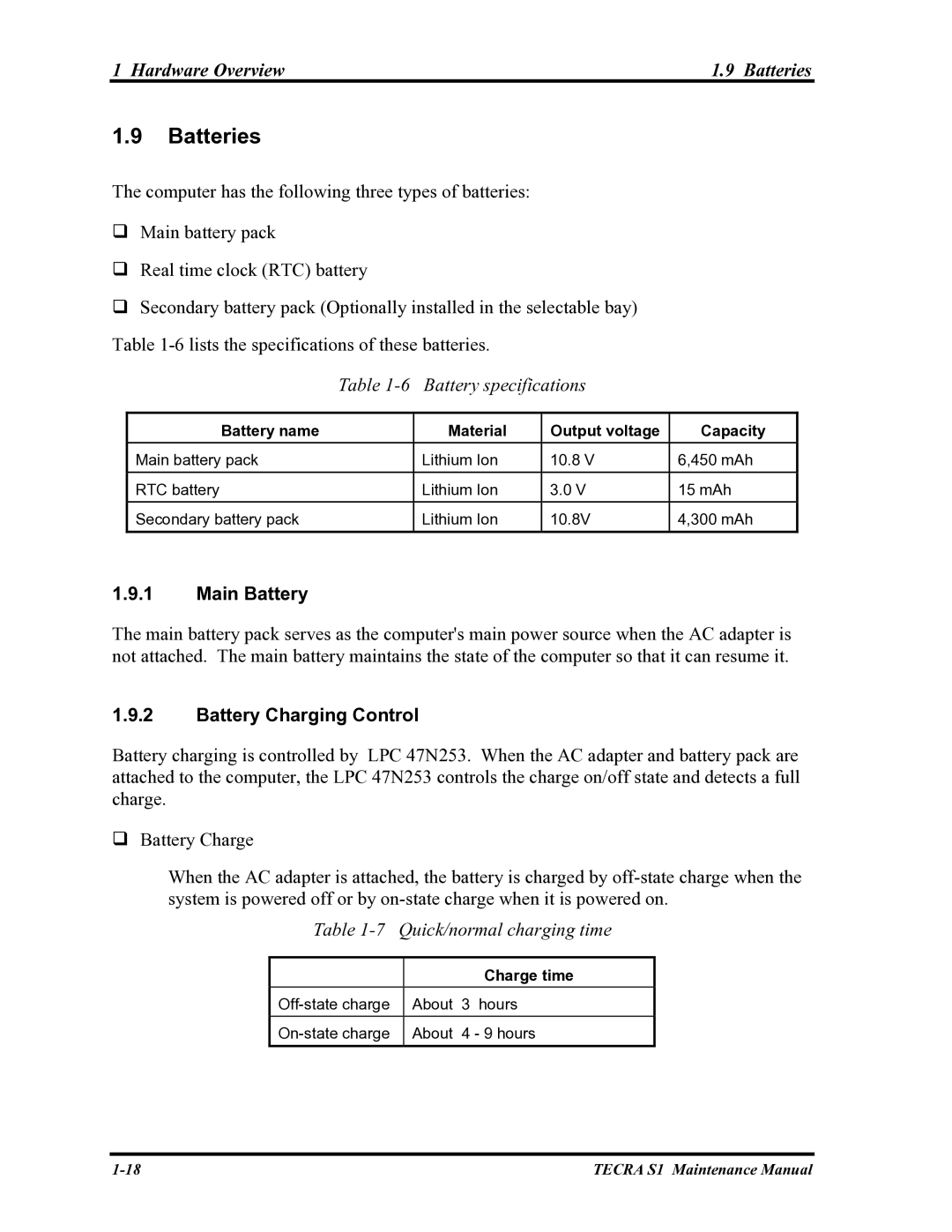 Toshiba TECRA S1 manual Hardware Overview Batteries, Main Battery, Battery Charging Control 