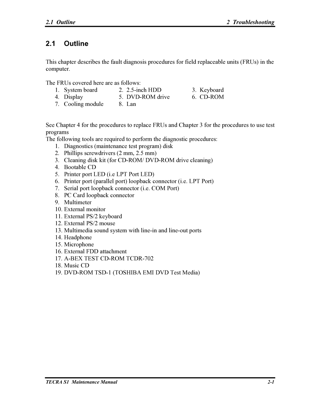 Toshiba TECRA S1 manual Outline Troubleshooting 