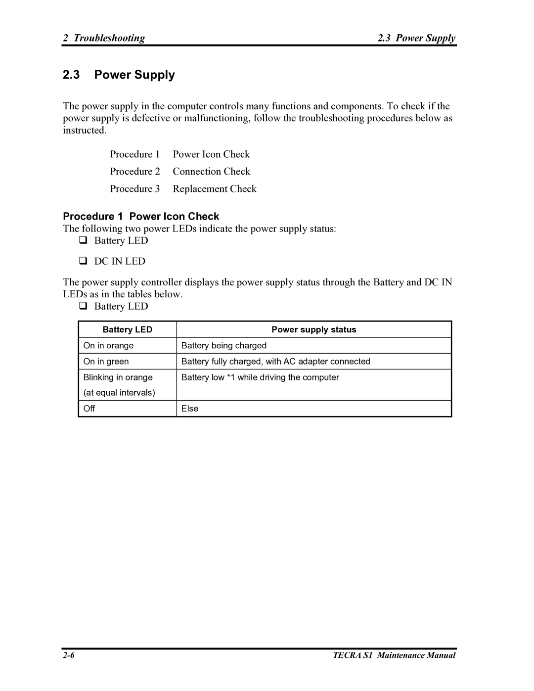 Toshiba TECRA S1 manual Troubleshooting Power Supply, Procedure 1 Power Icon Check 