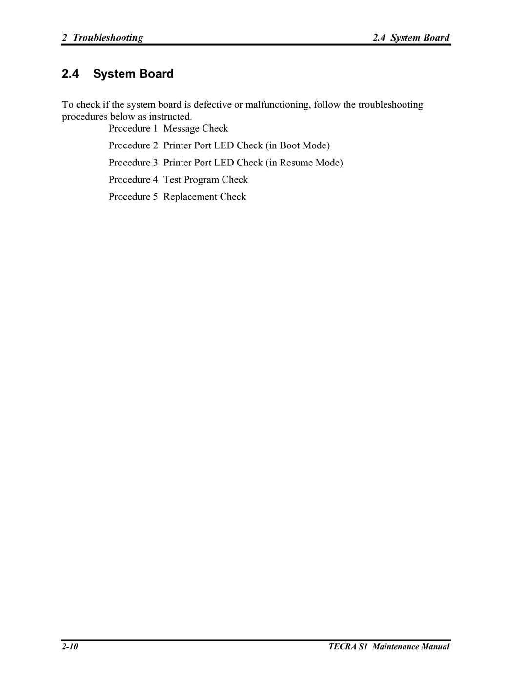 Toshiba TECRA S1 manual Troubleshooting System Board 