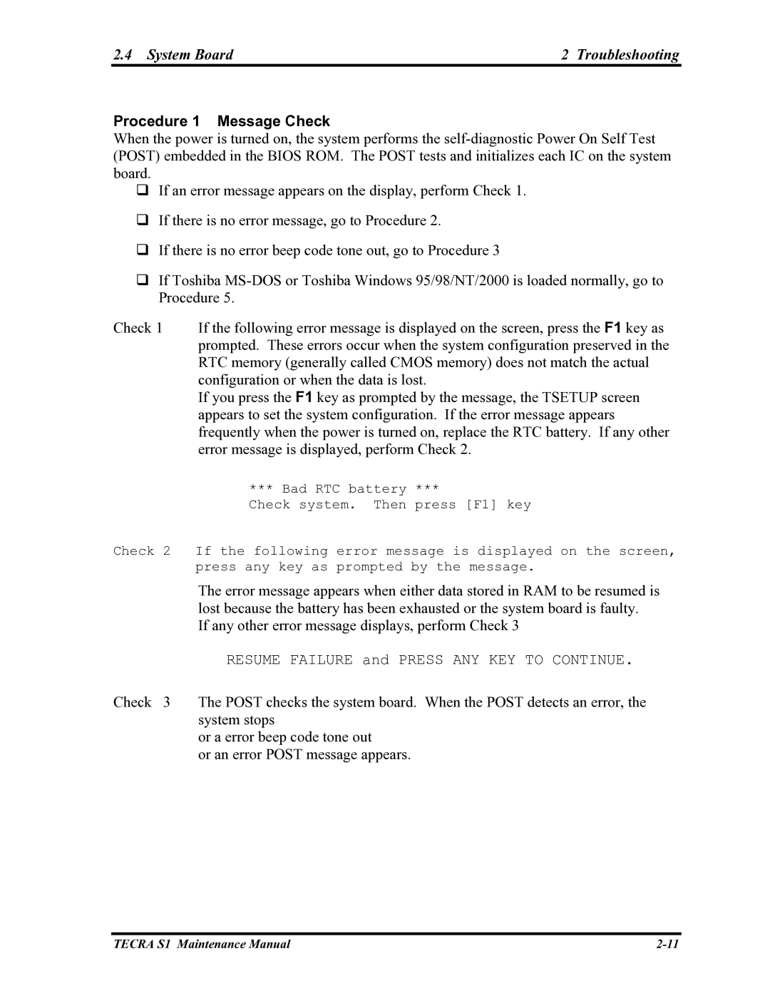 Toshiba TECRA S1 manual System Board Troubleshooting, Procedure 1 Message Check 