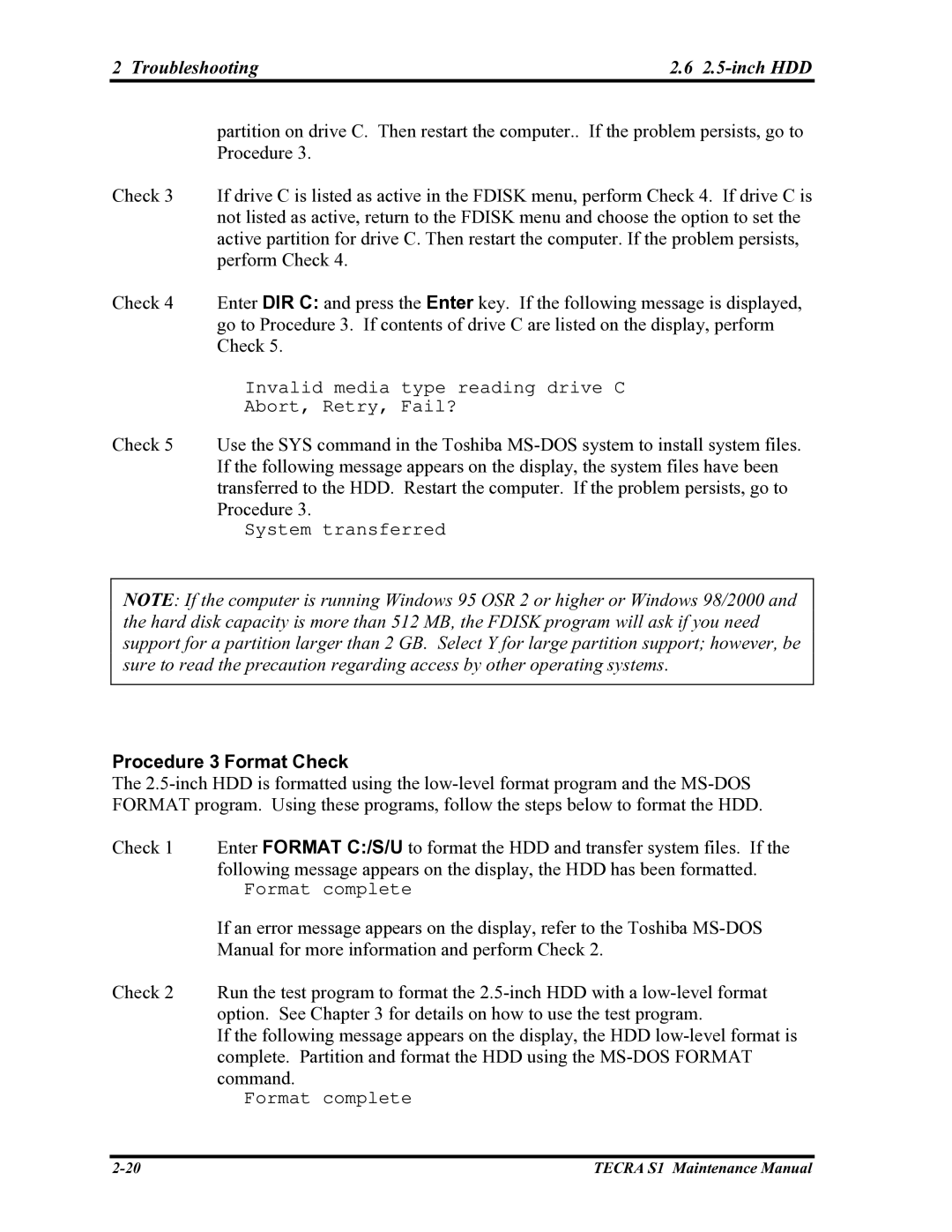 Toshiba TECRA S1 manual Troubleshooting 2.5-inch HDD, Procedure 3 Format Check 