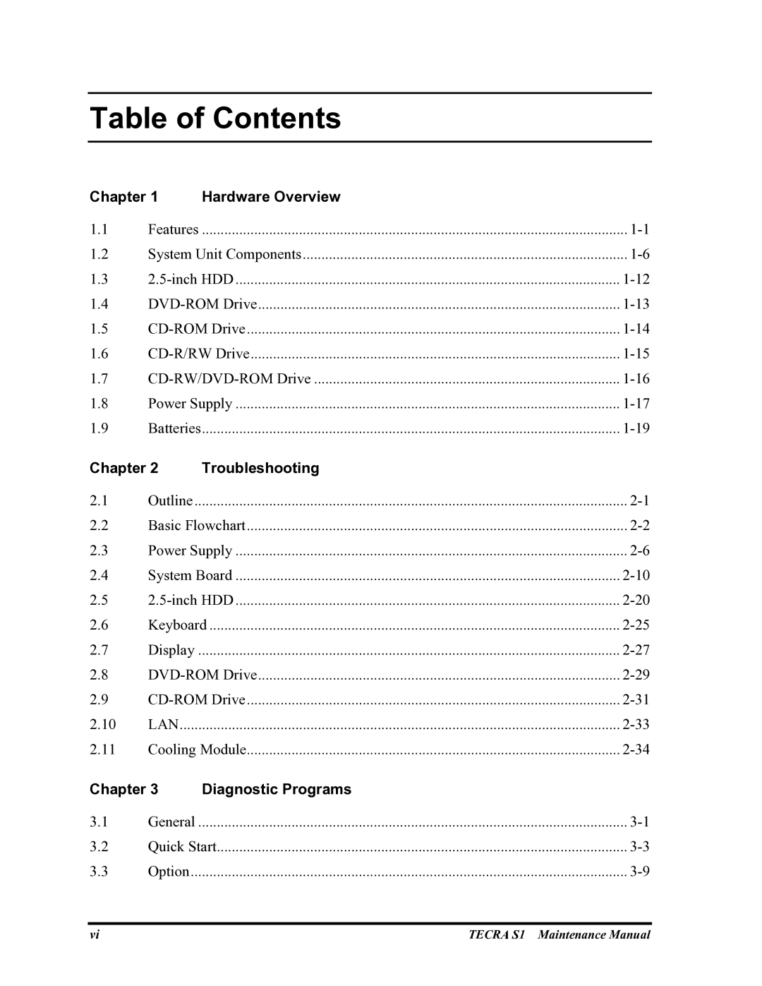 Toshiba TECRA S1 manual Table of Contents 