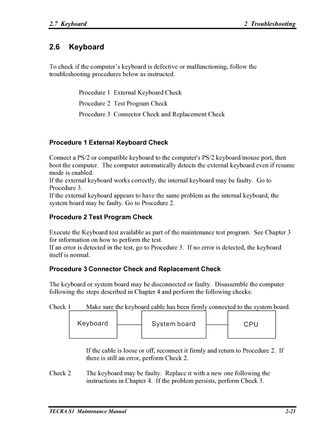 Toshiba TECRA S1 manual Keyboard Troubleshooting, Procedure 1 External Keyboard Check, Procedure 2 Test Program Check 