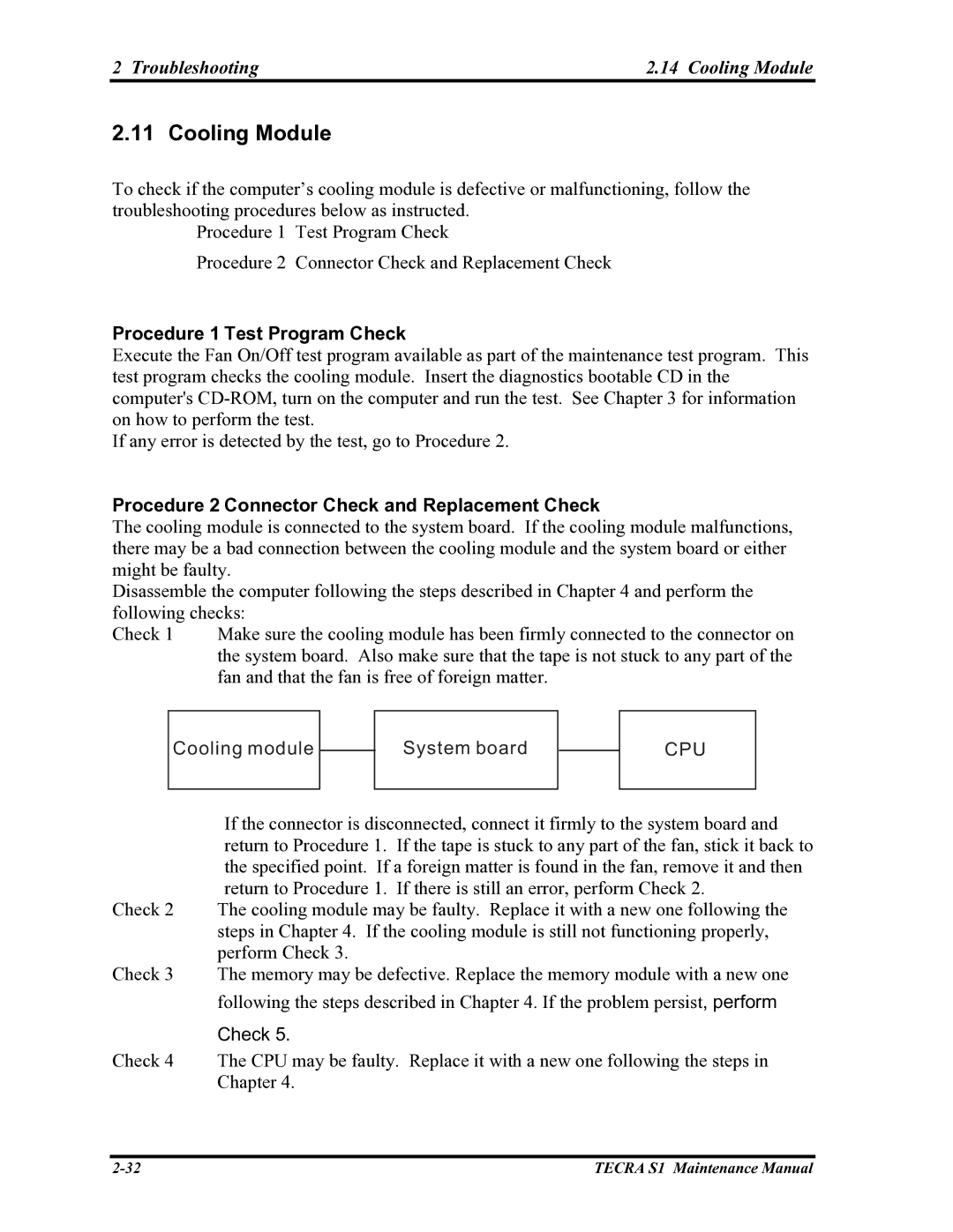 Toshiba TECRA S1 manual Troubleshooting Cooling Module 