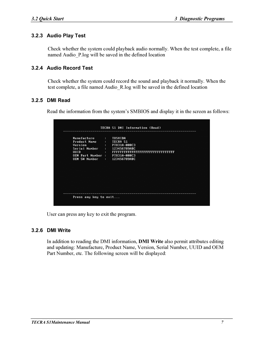 Toshiba TECRA S1 manual Audio Play Test, Audio Record Test, DMI Read, DMI Write 