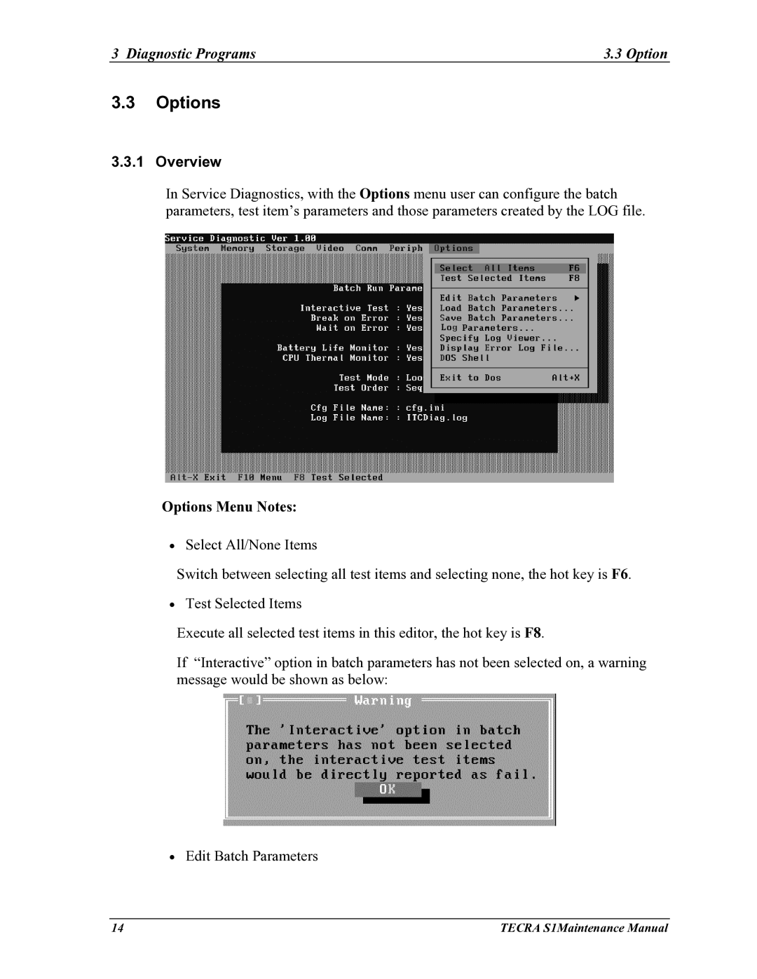 Toshiba TECRA S1 manual Diagnostic Programs Option, Overview, Options Menu Notes 