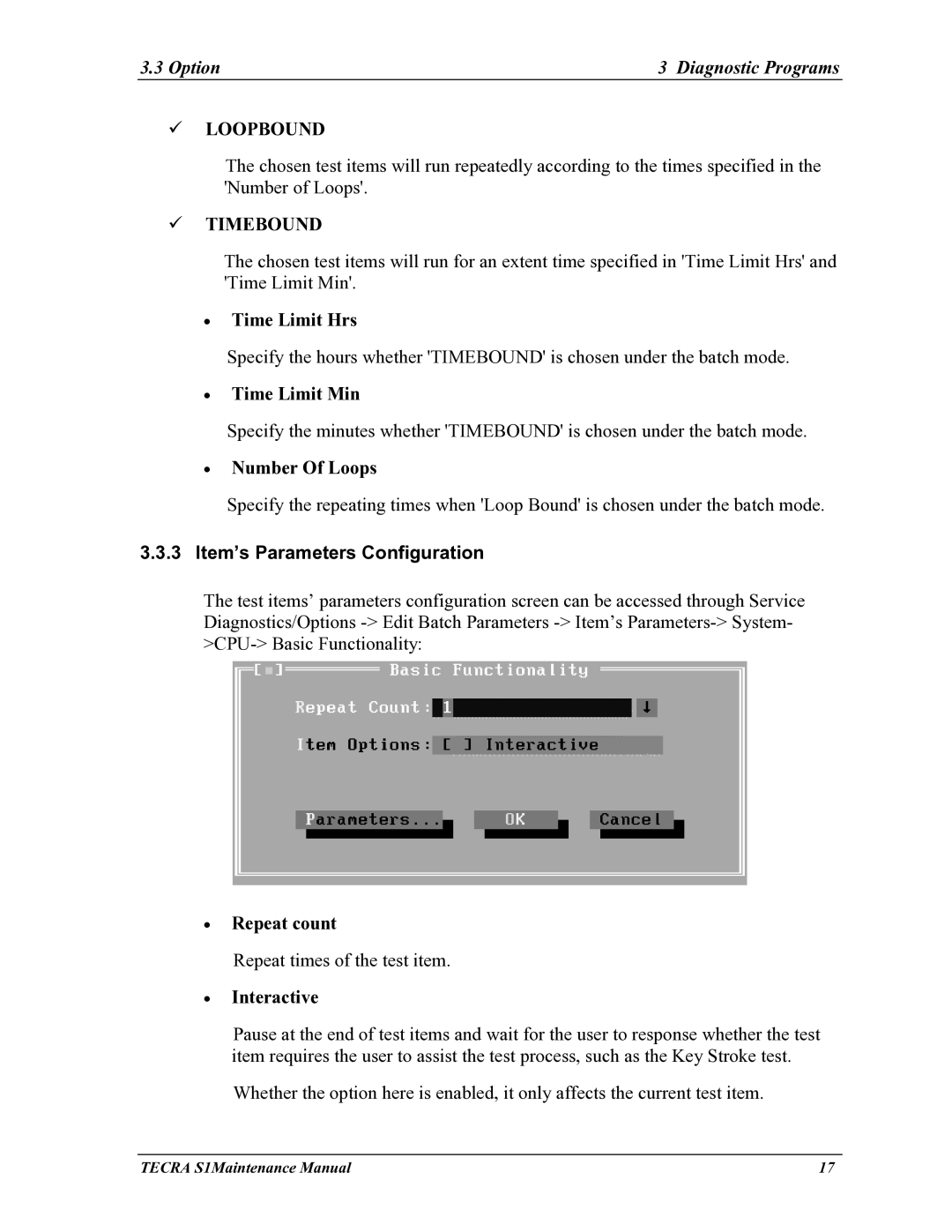 Toshiba TECRA S1 manual Time Limit Hrs, Time Limit Min, Number Of Loops, Item’s Parameters Configuration, Repeat count 