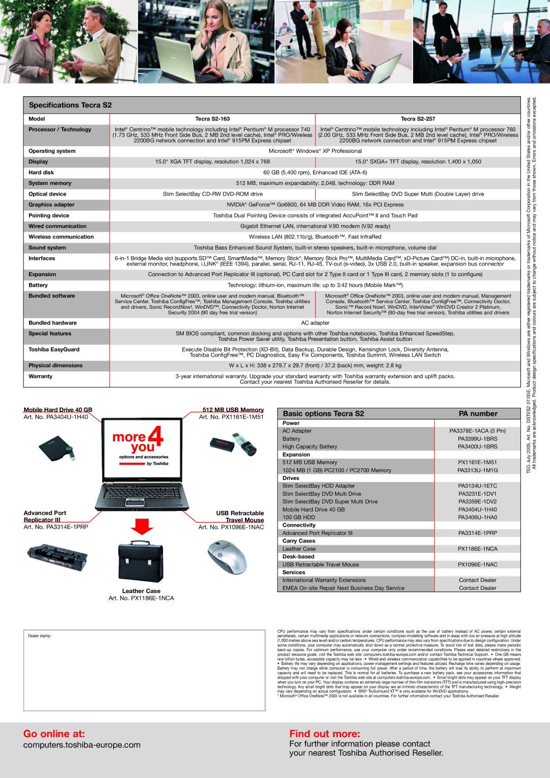 Toshiba Model Tecra S2-163 Tecra S2-257 Processor / Technology, Operating system, Display, Hard disk, System memory 