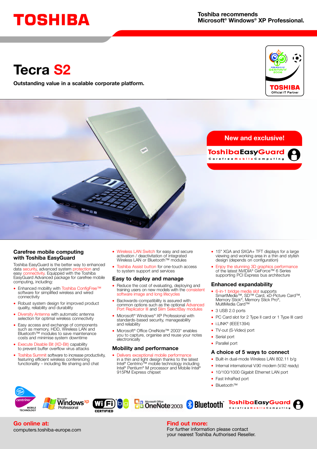 Toshiba Tecra S2 manual Go online at, Find out more, computers.toshiba-europe.com, For further information please contact 