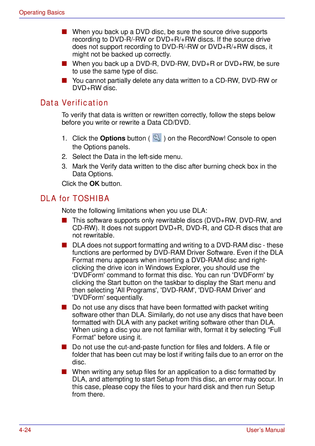 Toshiba tecra s3 manual Data Verification, DLA for Toshiba 