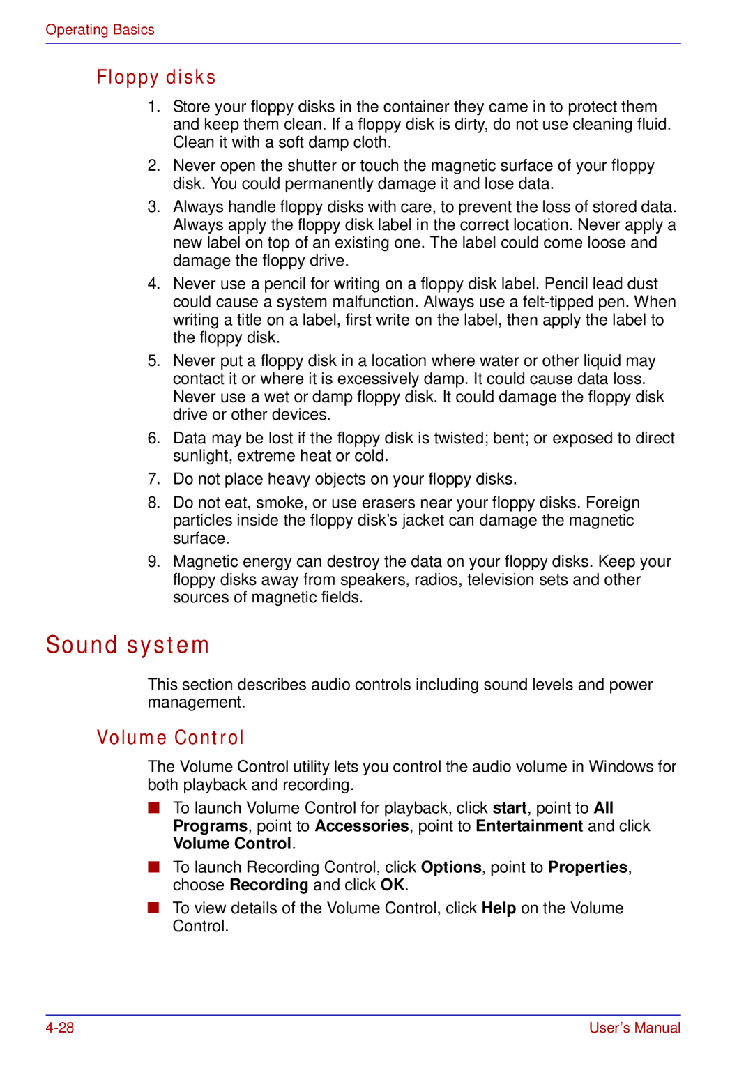 Toshiba tecra s3 manual Sound system, Floppy disks, Volume Control 