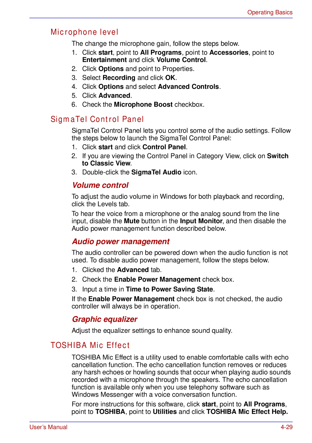 Toshiba tecra s3 manual Microphone level, SigmaTel Control Panel, Toshiba Mic Effect 