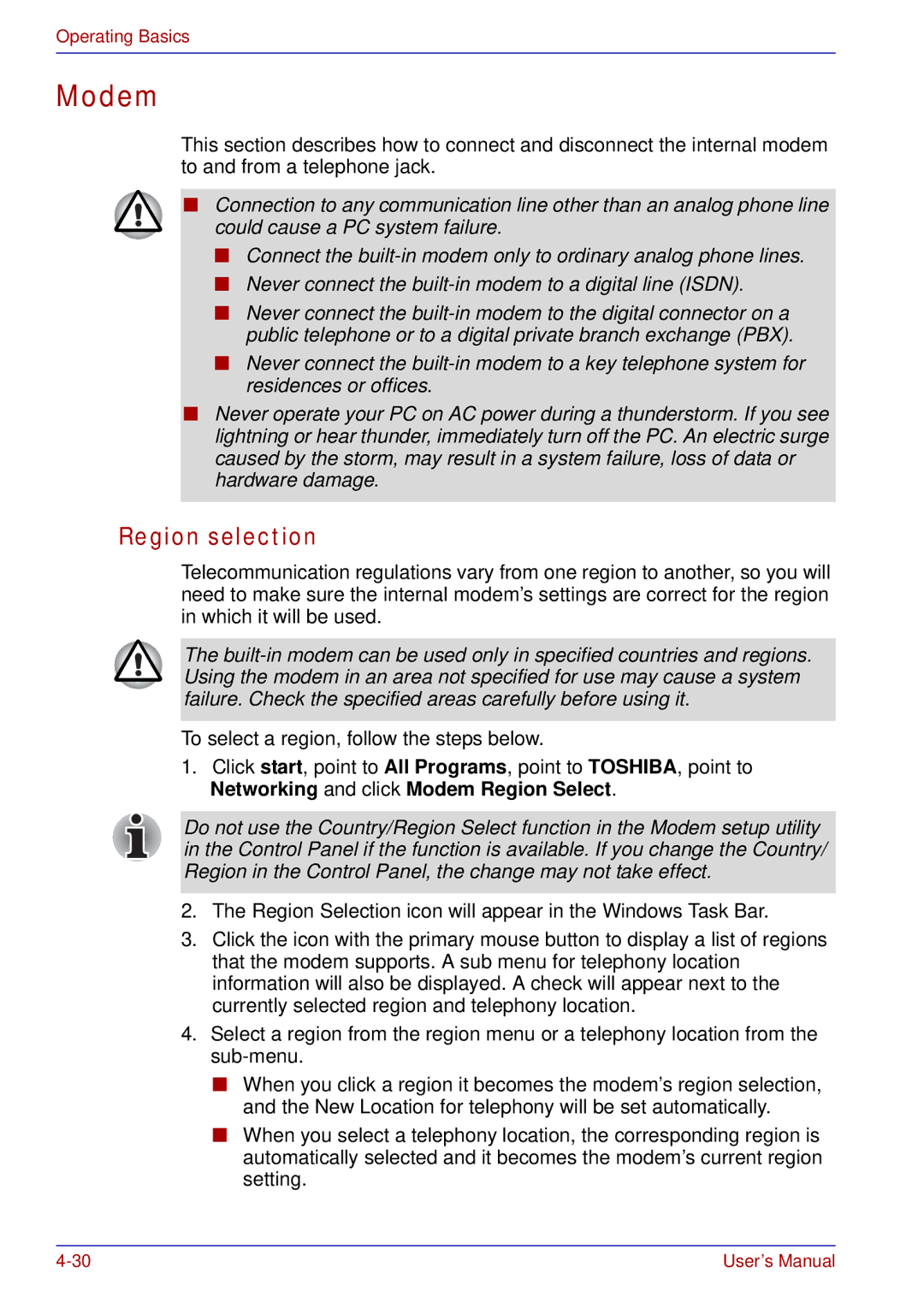 Toshiba tecra s3 manual Modem, Region selection 